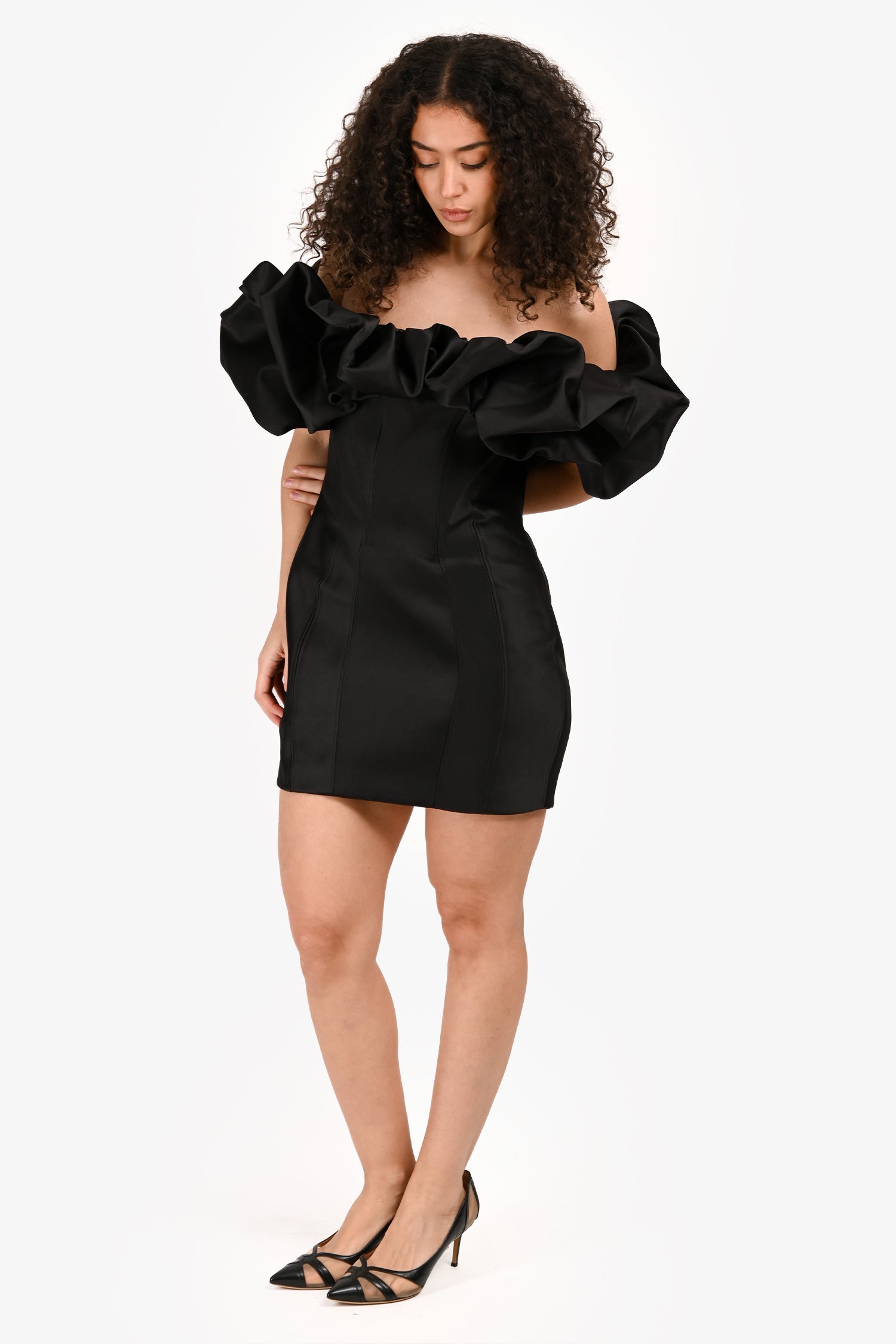 House of CB Black 'Selena' Ruffle Off The Shoulder Mini Dress Size L