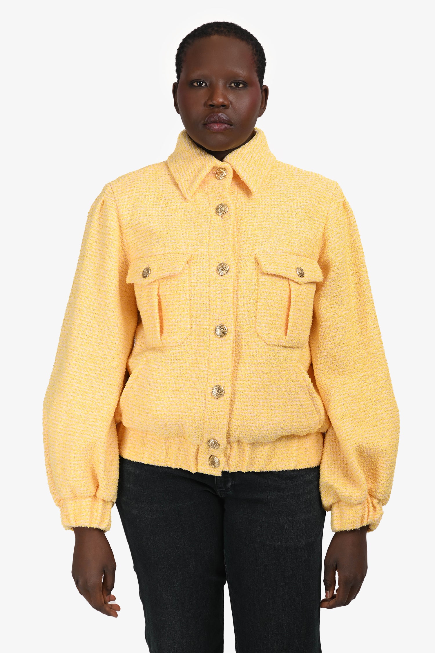 Pre-Loved Chanel™ 2021 Spring Yellow/Pink Tweed Bomber Jacket Size