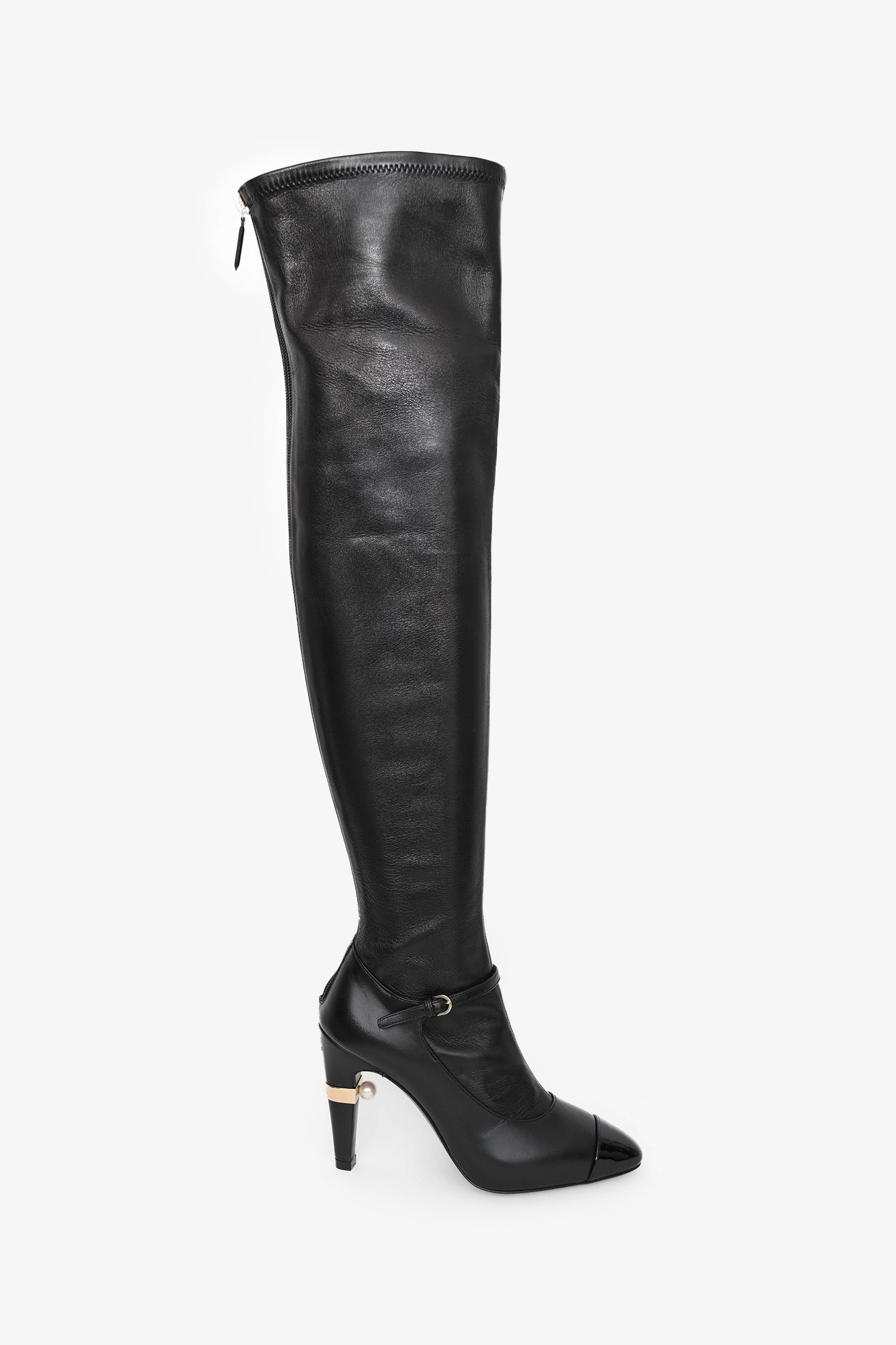 Pre-Loved Chanel™ Black Lambskin Leather Mary Jane Thigh High
