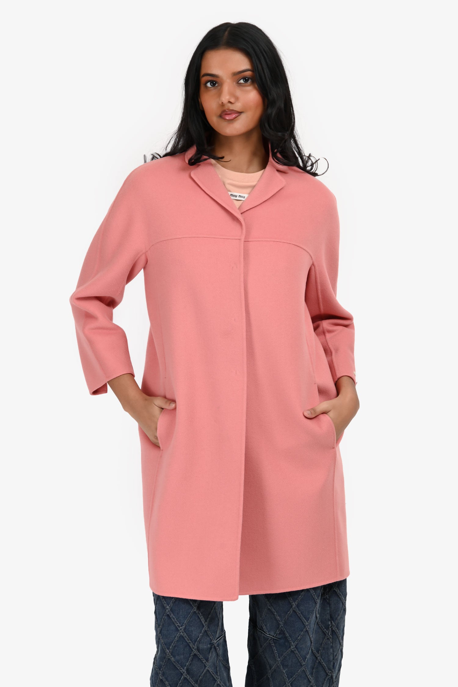 S Max Mara CUCITO A MANO ノーカラーコート 40　ピンク S'Max Mara Pink Virgin Wool Cucito A Mano Mid Length Coat Size 4