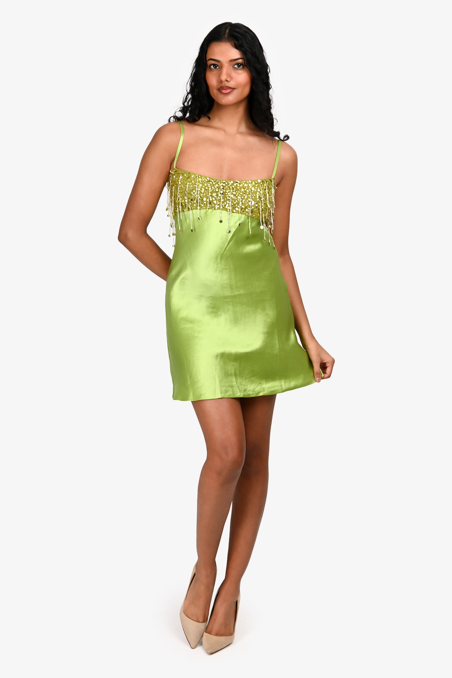 Asta Resort Green Linen/Silk Sequin Embellished 'Yasmin' Mini Dress Si –  Mine & Yours