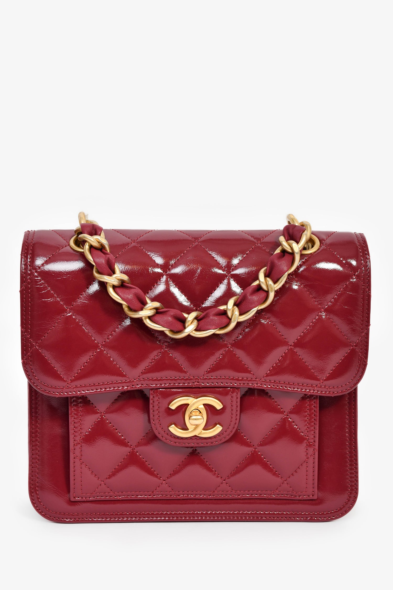 Pre-Loved Chanel™ 2023 Raspberry Patent Quilted Leather Square