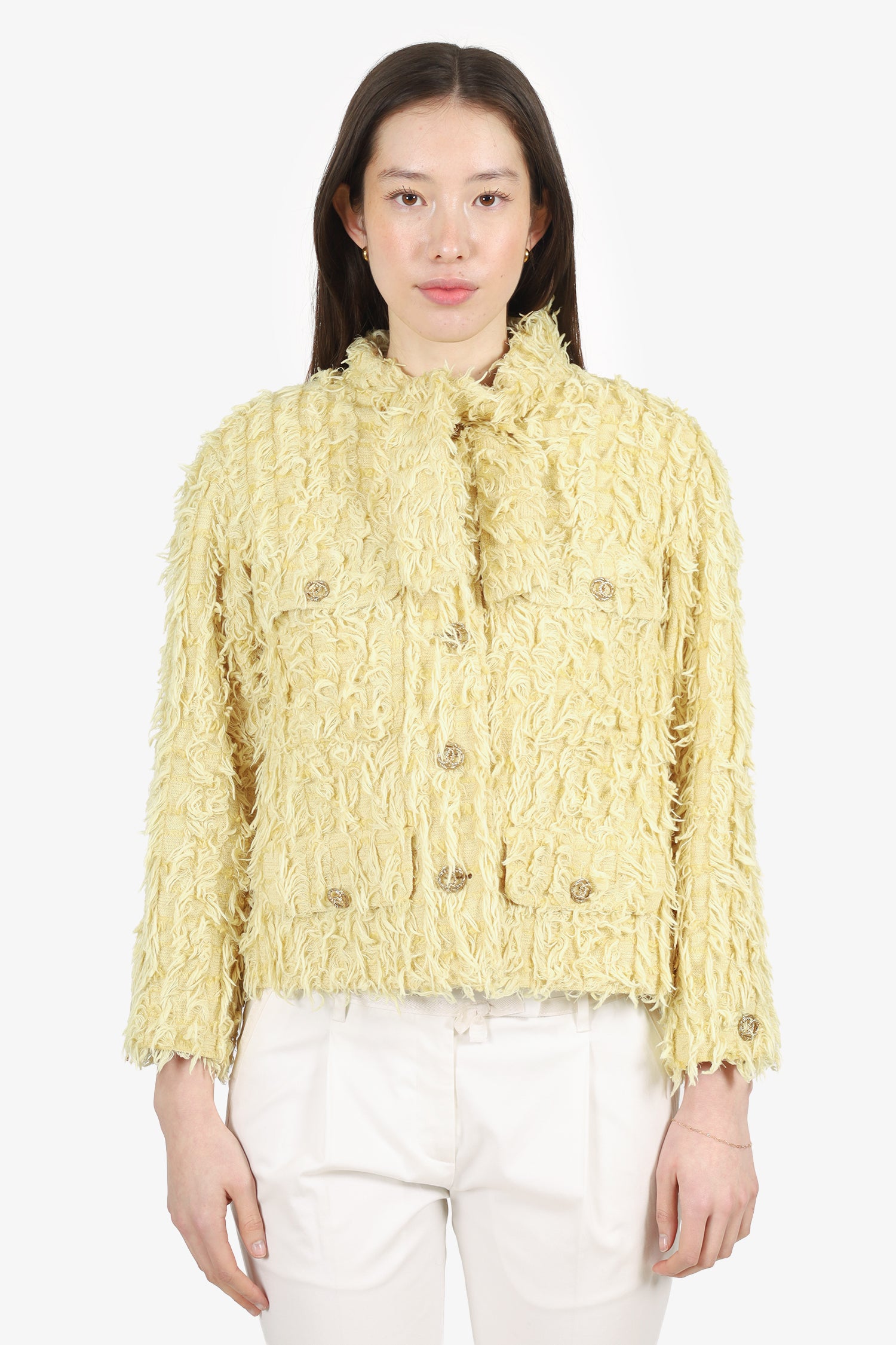 Pre-Loved Chanel™ 21C Yellow Tweed Fringe CC Button Jacket Size 38