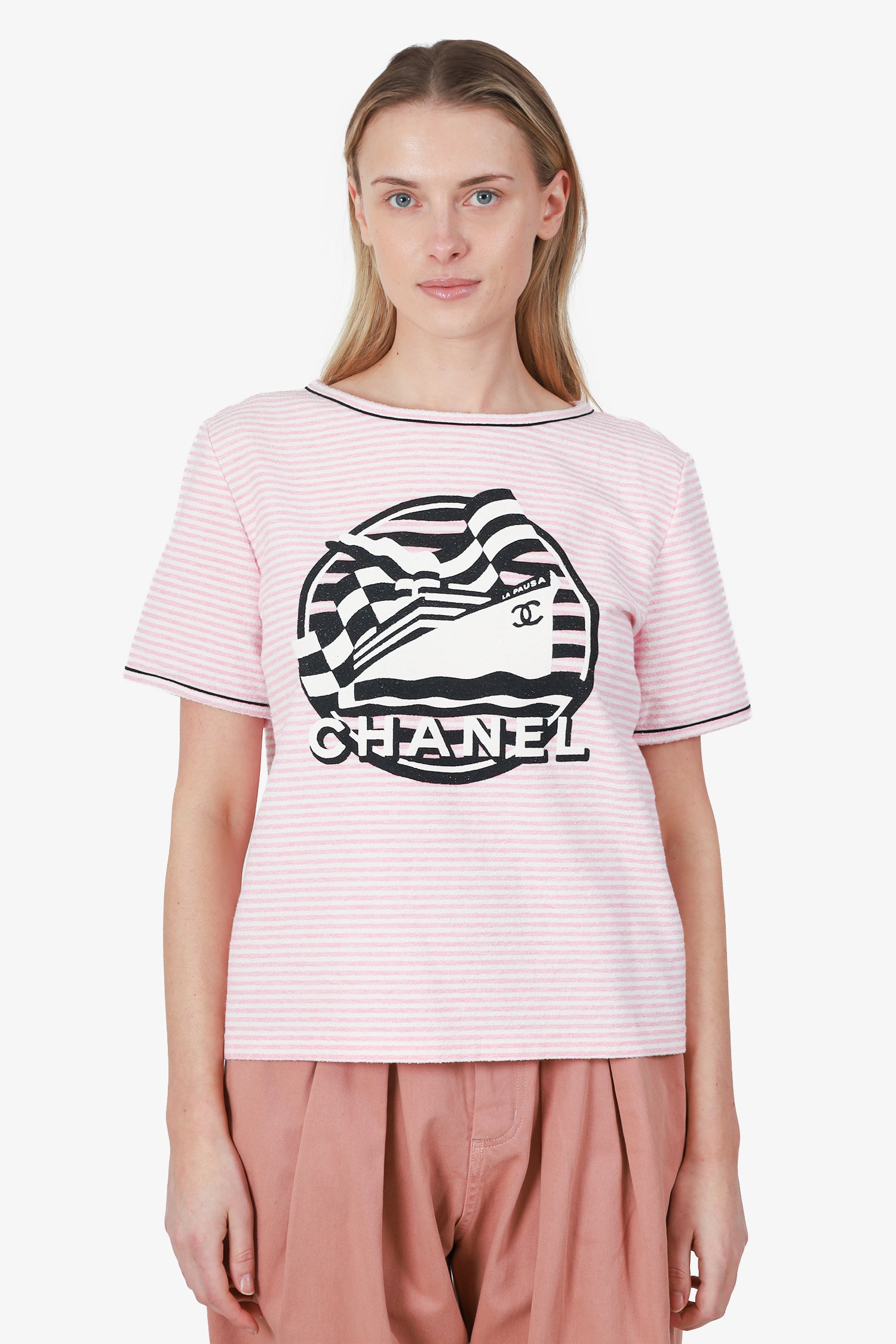 Pre-Loved Chanel™ 2019 Pink/White Striped Terry Knit La Pausa T