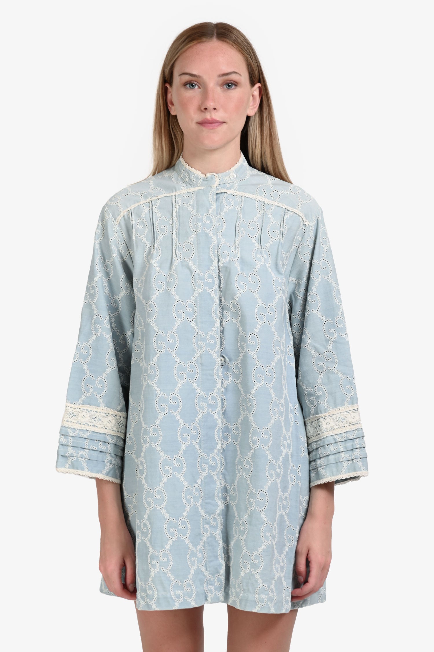 Gucci 2019 Pale Blue GG Embroidered Denim Button Down Dress Size