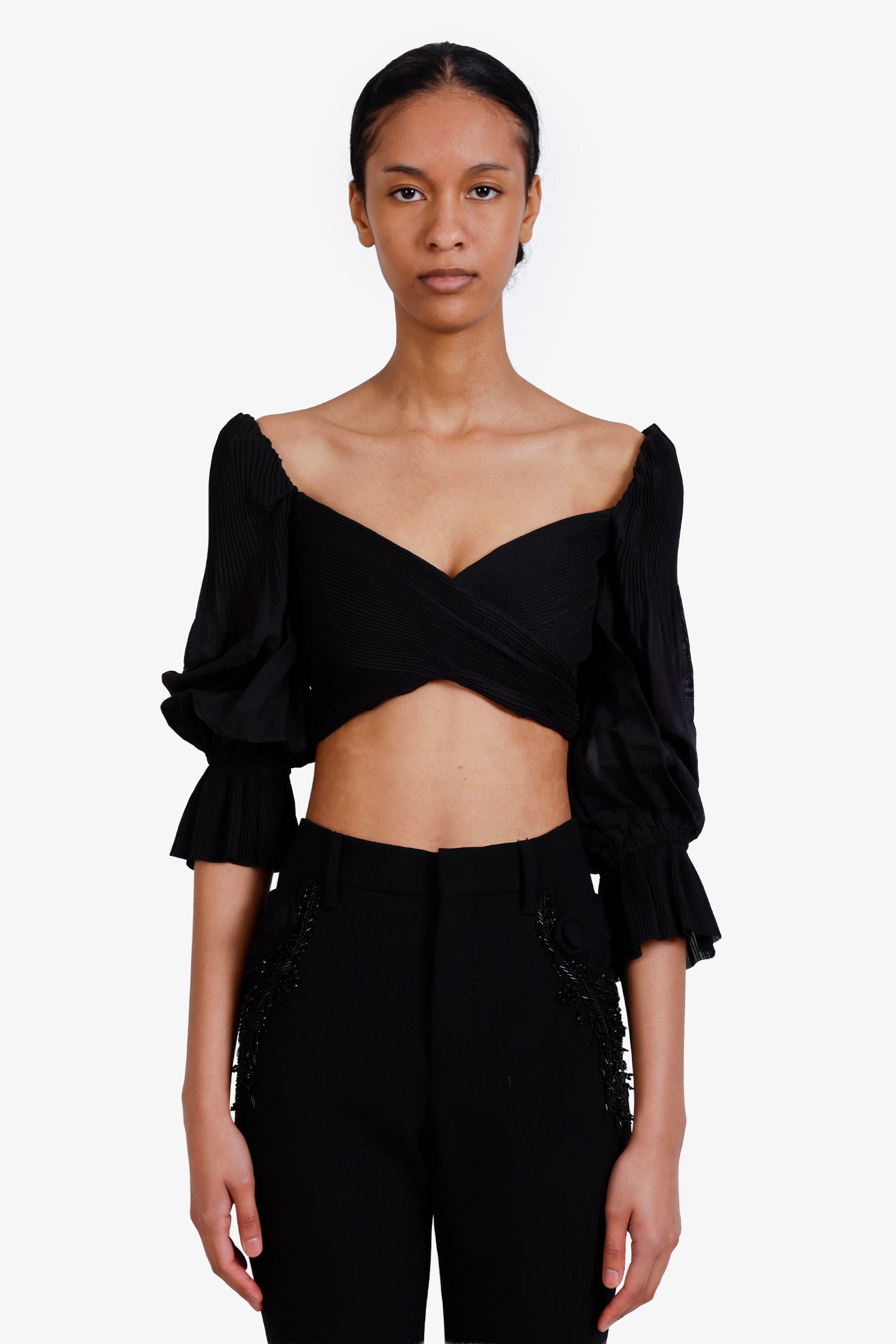 Zimmermann Black Cotton Pleated Puff Sleeve Cropped Top Size 0