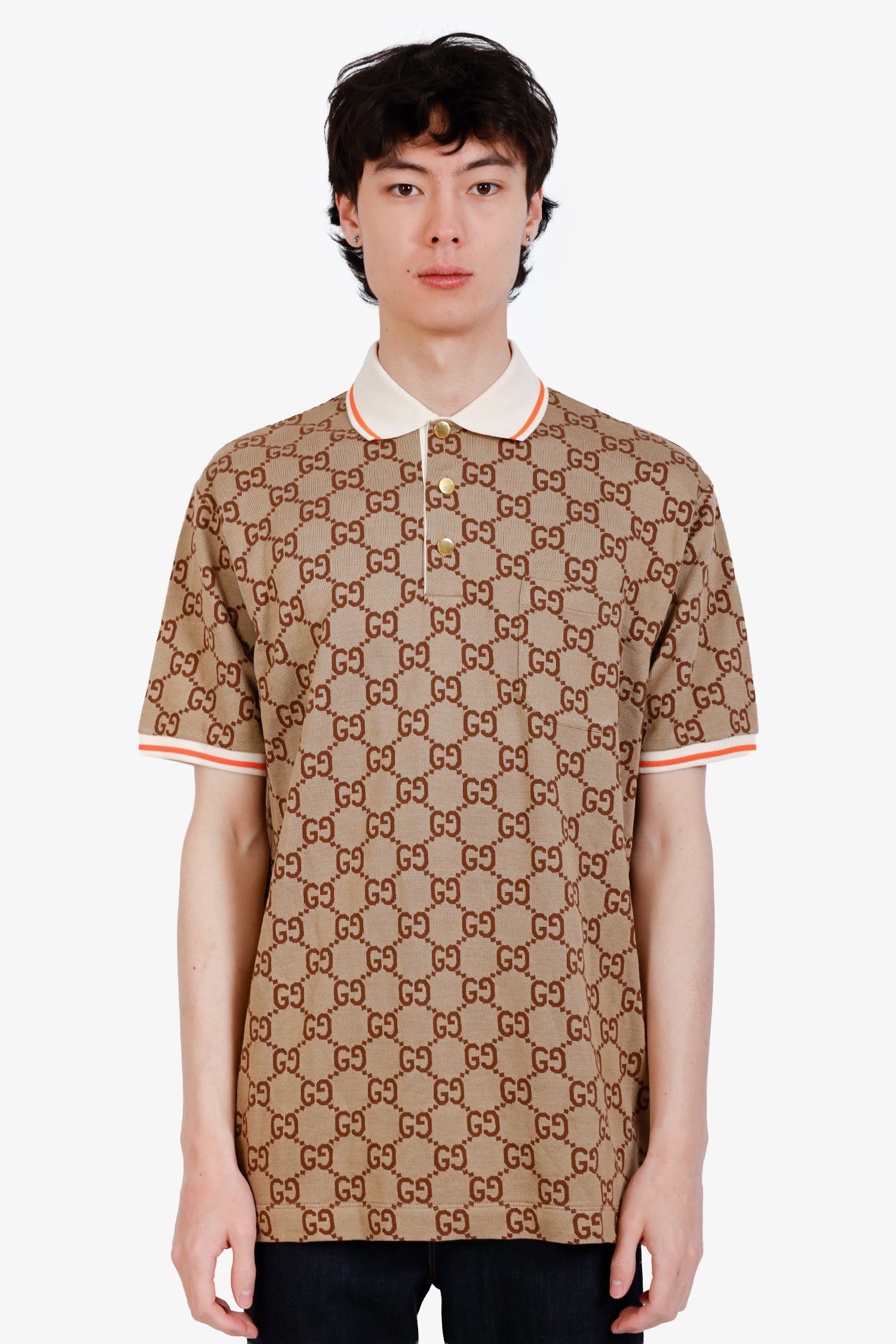 Gucci Beige GG Logo Jacquard Polo Silk/Cotton Shirt Size XL Mens