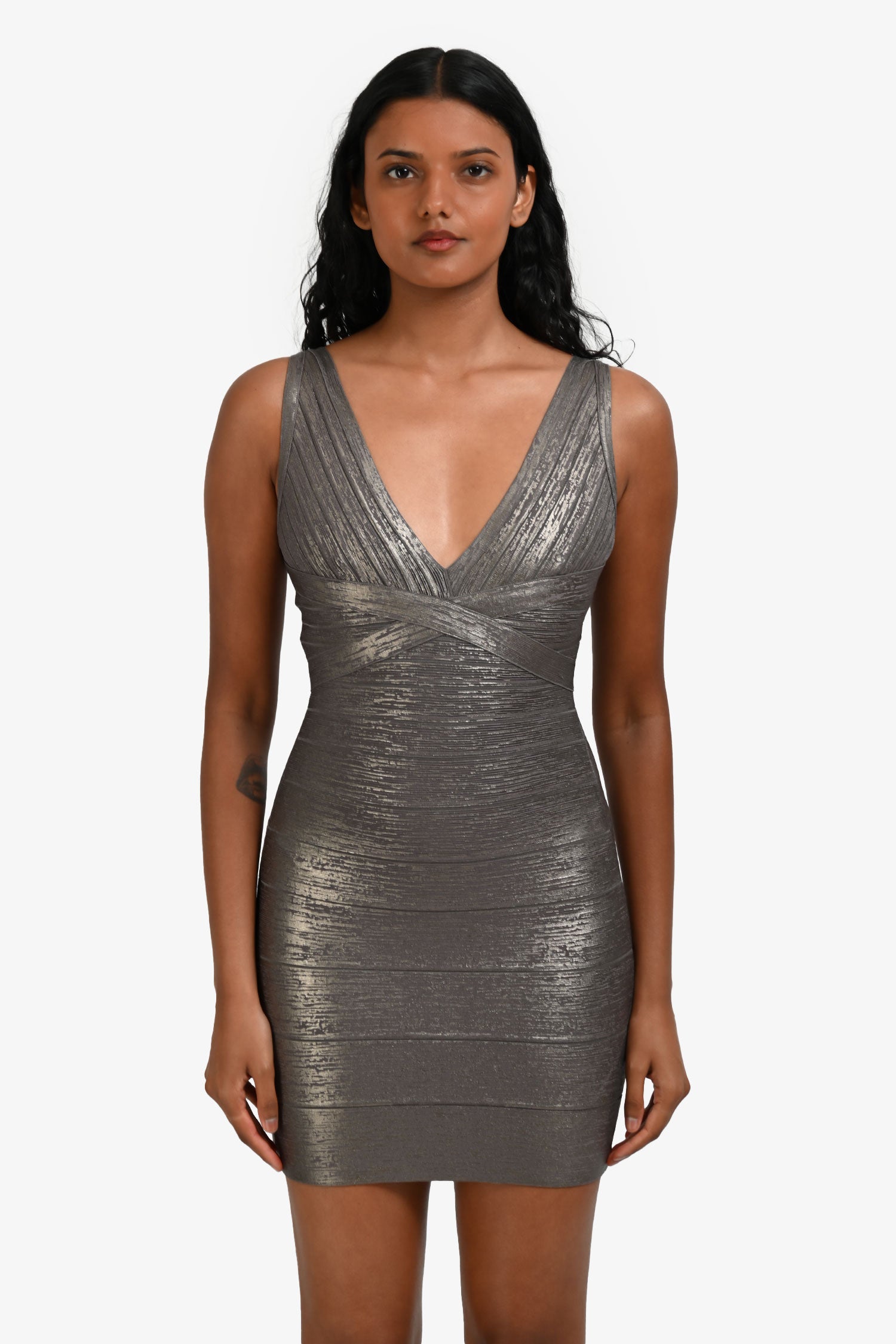 herve leger silver dress Deep V Bandage Dress