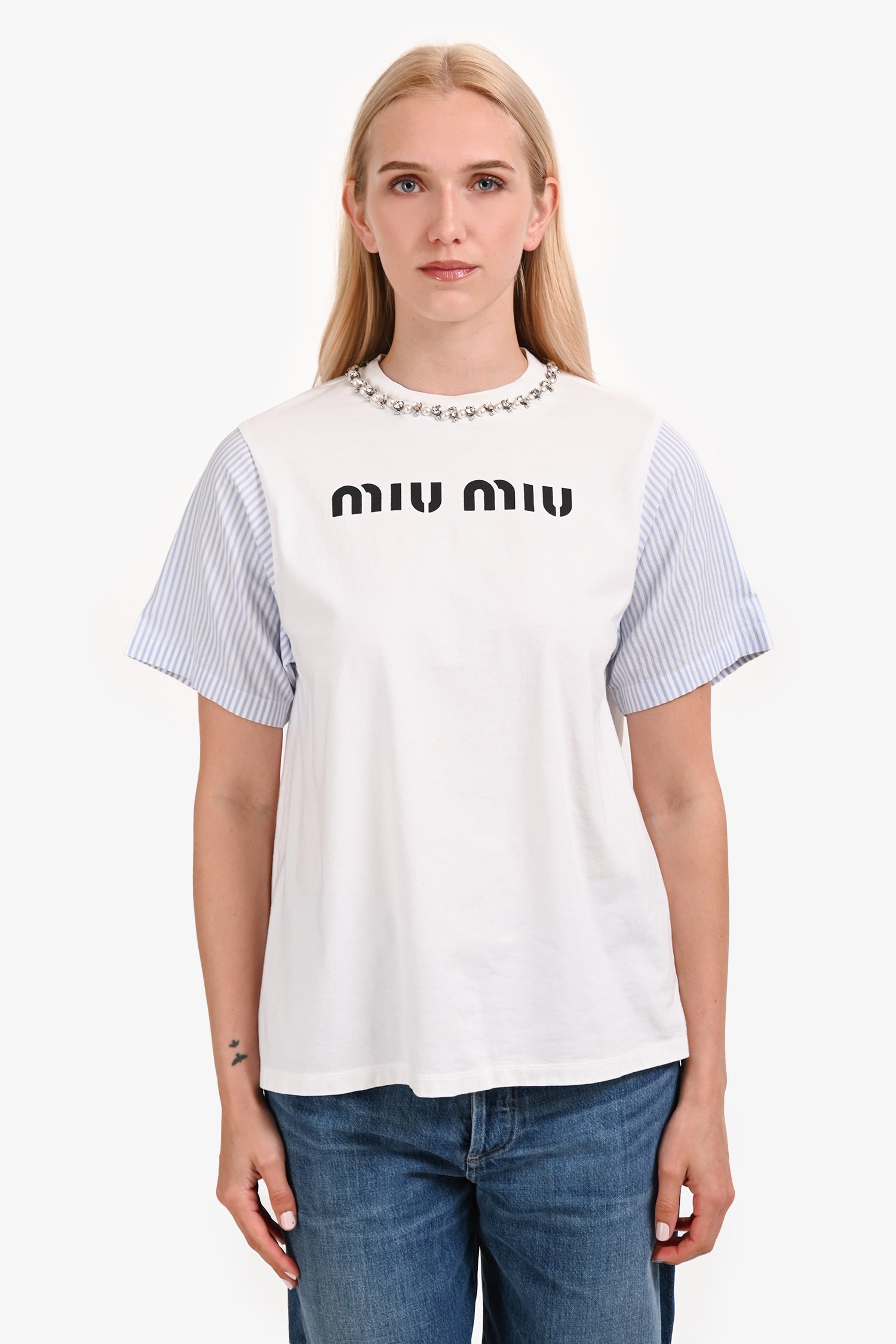 Miu Miu 2021 White/Blue Crystal Embellished Logo Top Size XS