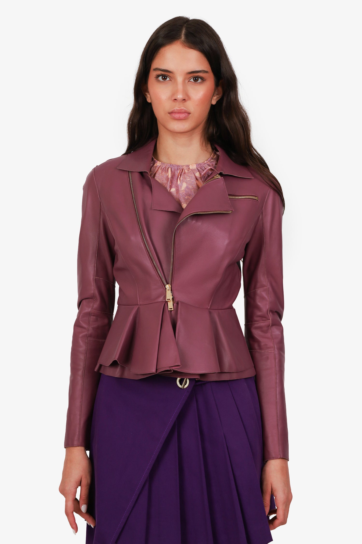 DSquared2 Purple Multi Zip Peplum Leather Jacket Size 42 – Mine