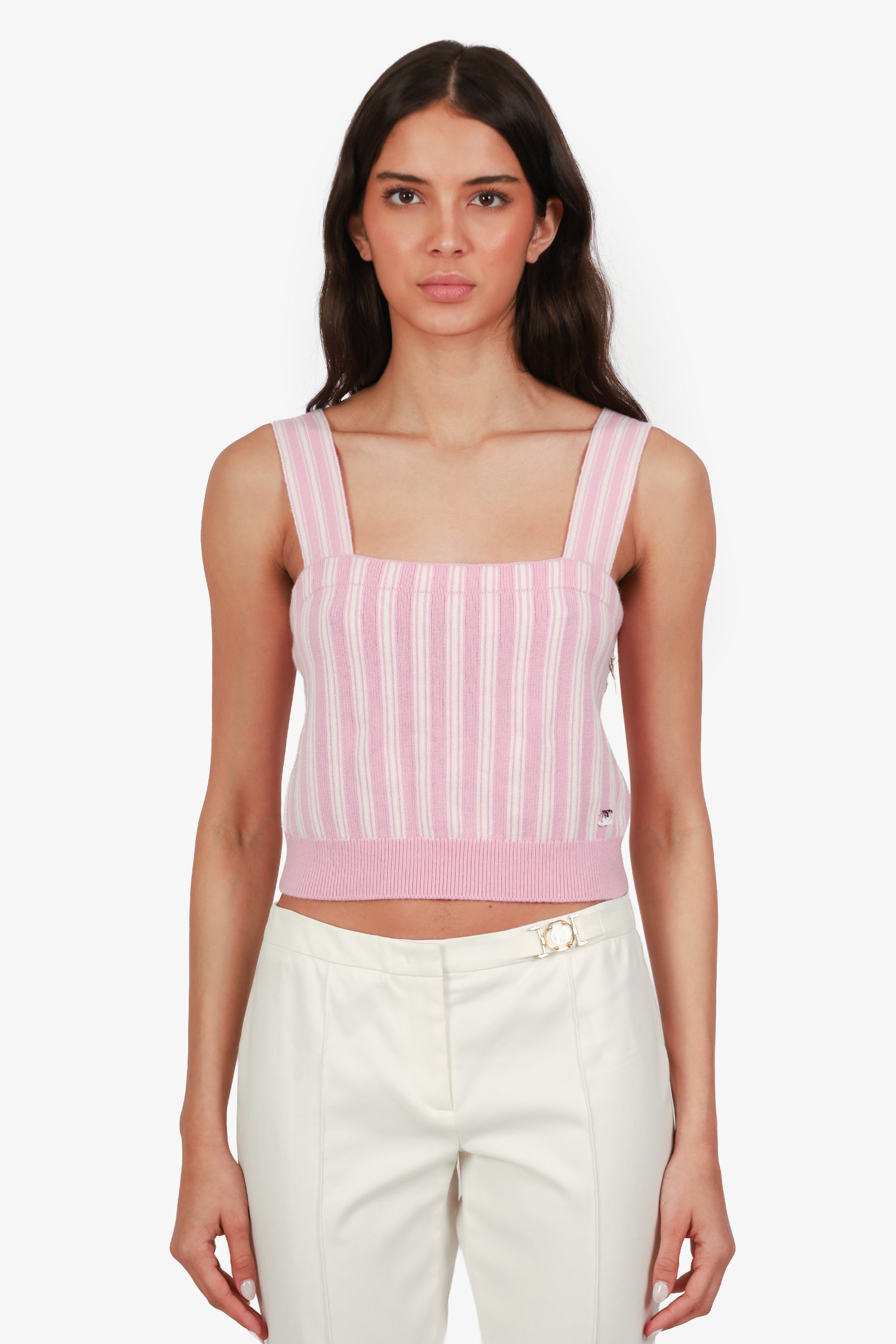 Pre-Loved Chanel™ 2025 Pink/White Striped Cashmere Cropped Tank
