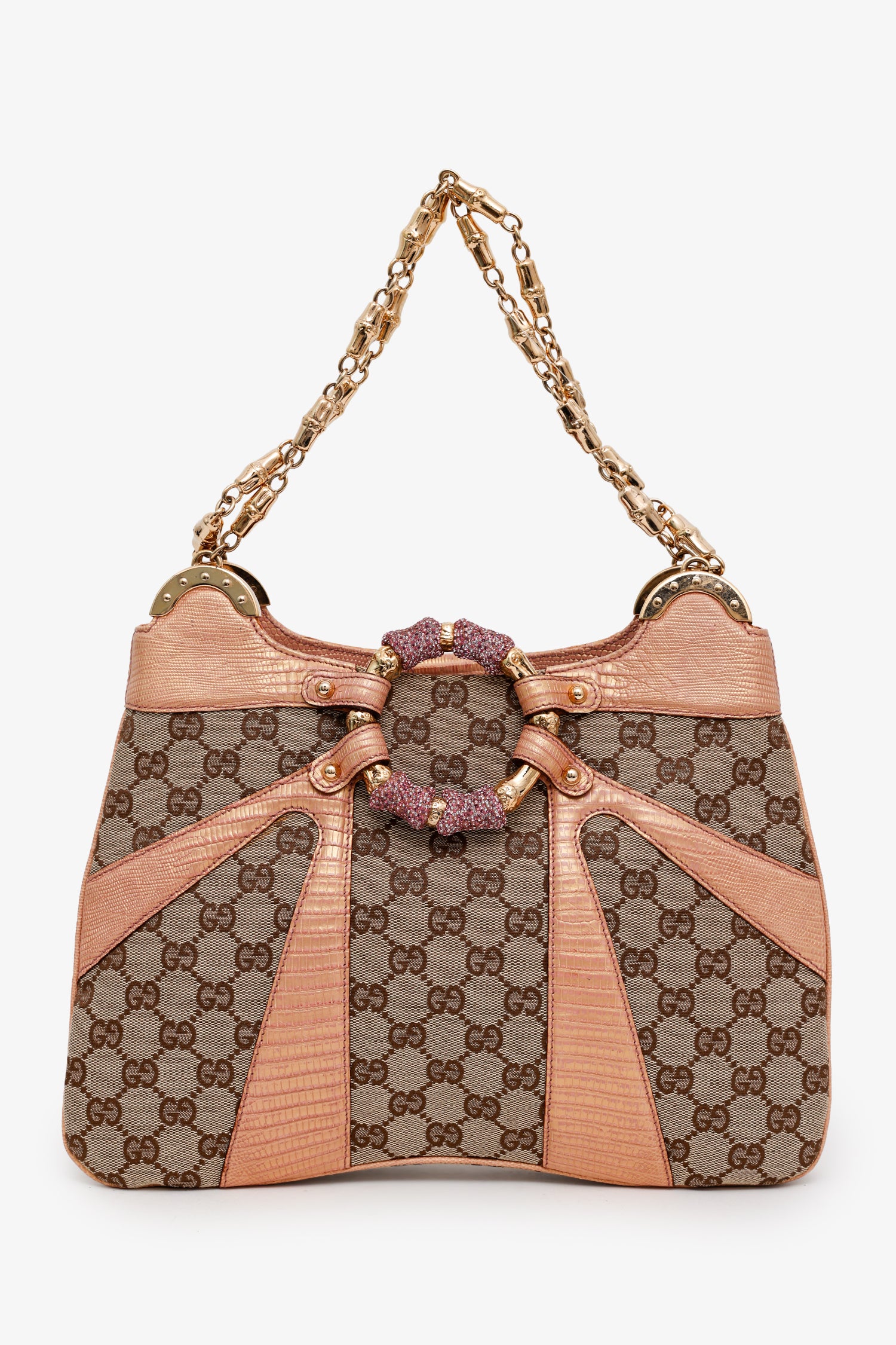 Gucci x Tom Ford Beige/Pink GG Crystal Bamboo Python Shoulder Bag