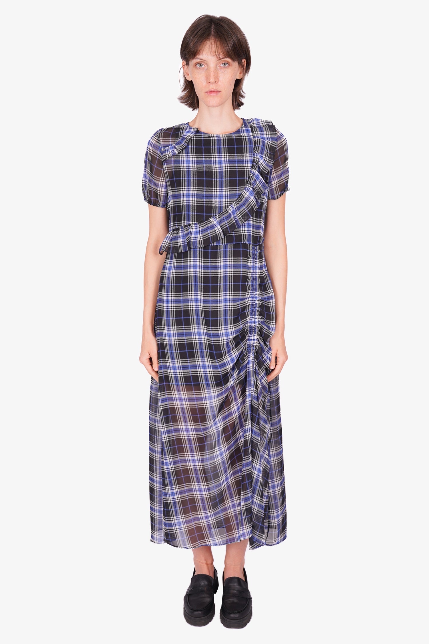 maje asymmetric plaid shirt dress Asymmetric Plaid Midi Dress  Jade Cropper