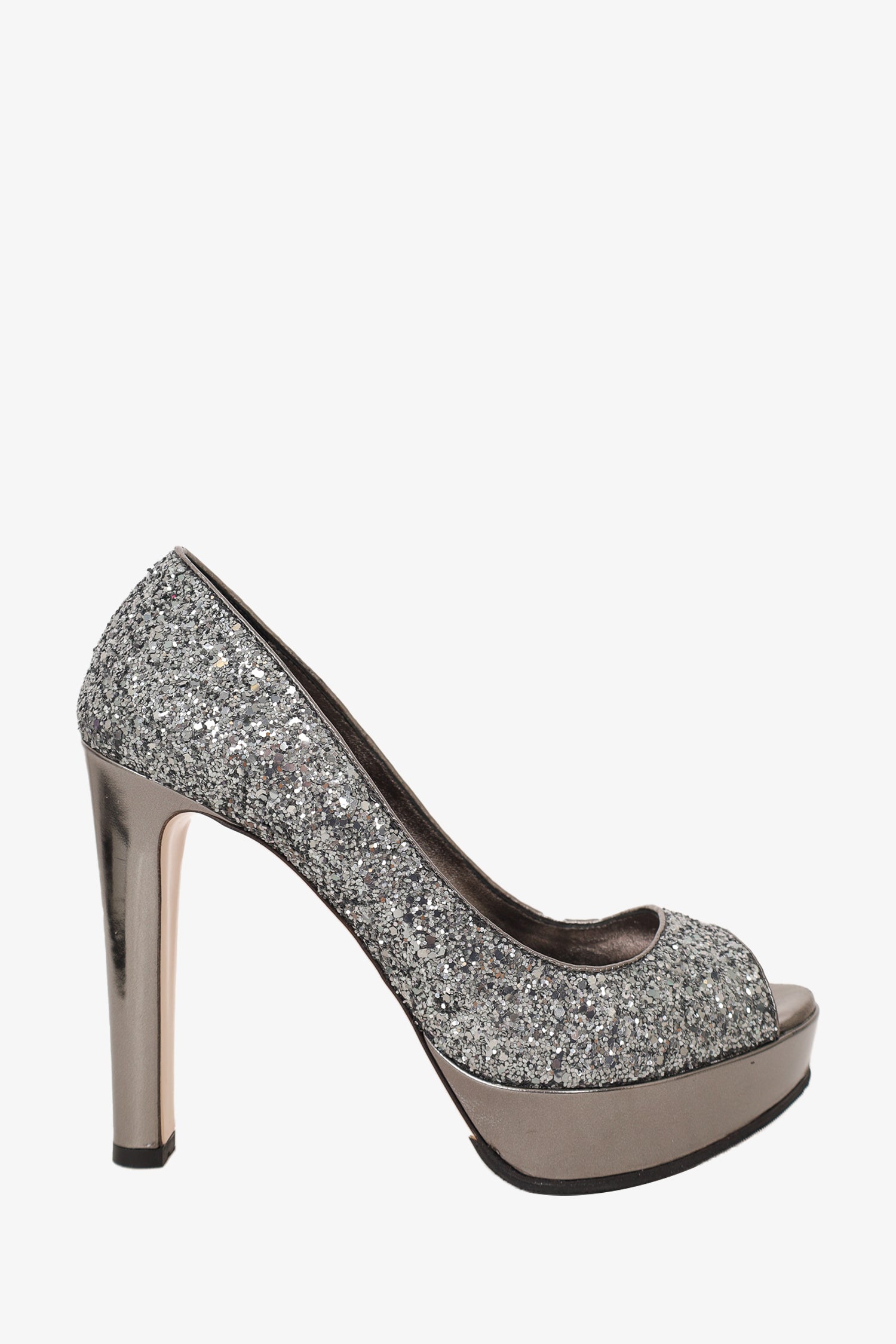 Miu Miu Silver Glitter Anthracite Peep Toe Platform Heels Size 39