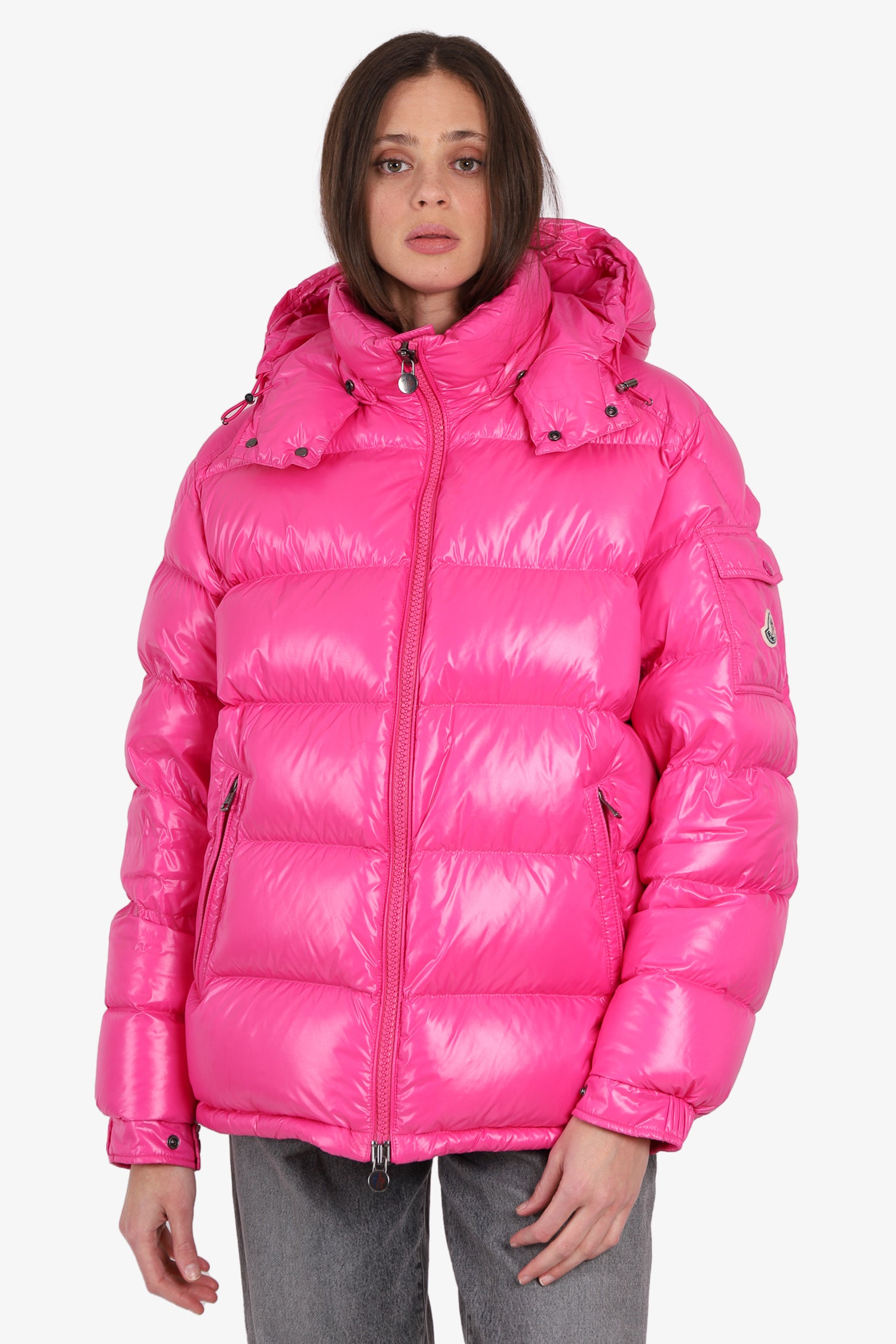 Moncler Pink Quilted 'Maya Giubbotto' Hooded Down Jacket Size