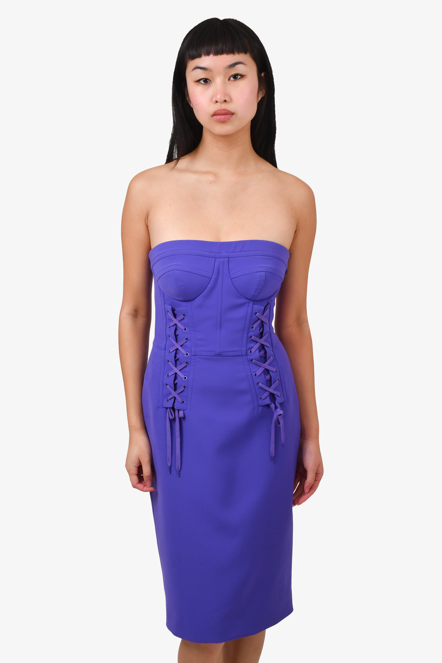 chinese dress ladies Moschino Purple Strapless Lace-up Sheath Dress Size 4 – Mine & Yours