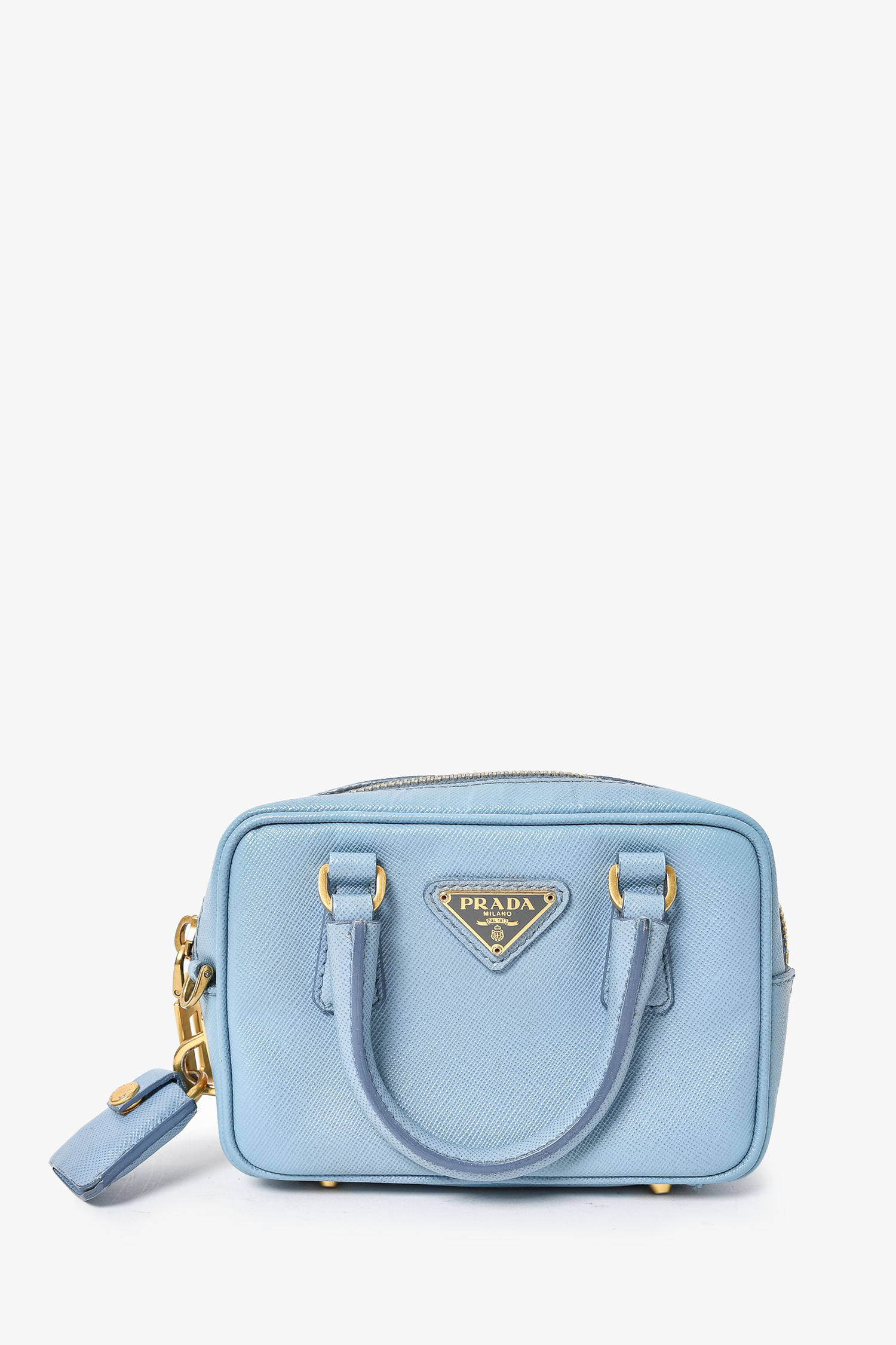 Prada Baby Blue Saffiano Leather Micro Bag with Strap – Mine Prada Baby Blue Saffiano Leather Micro Bag with Strap – Mine