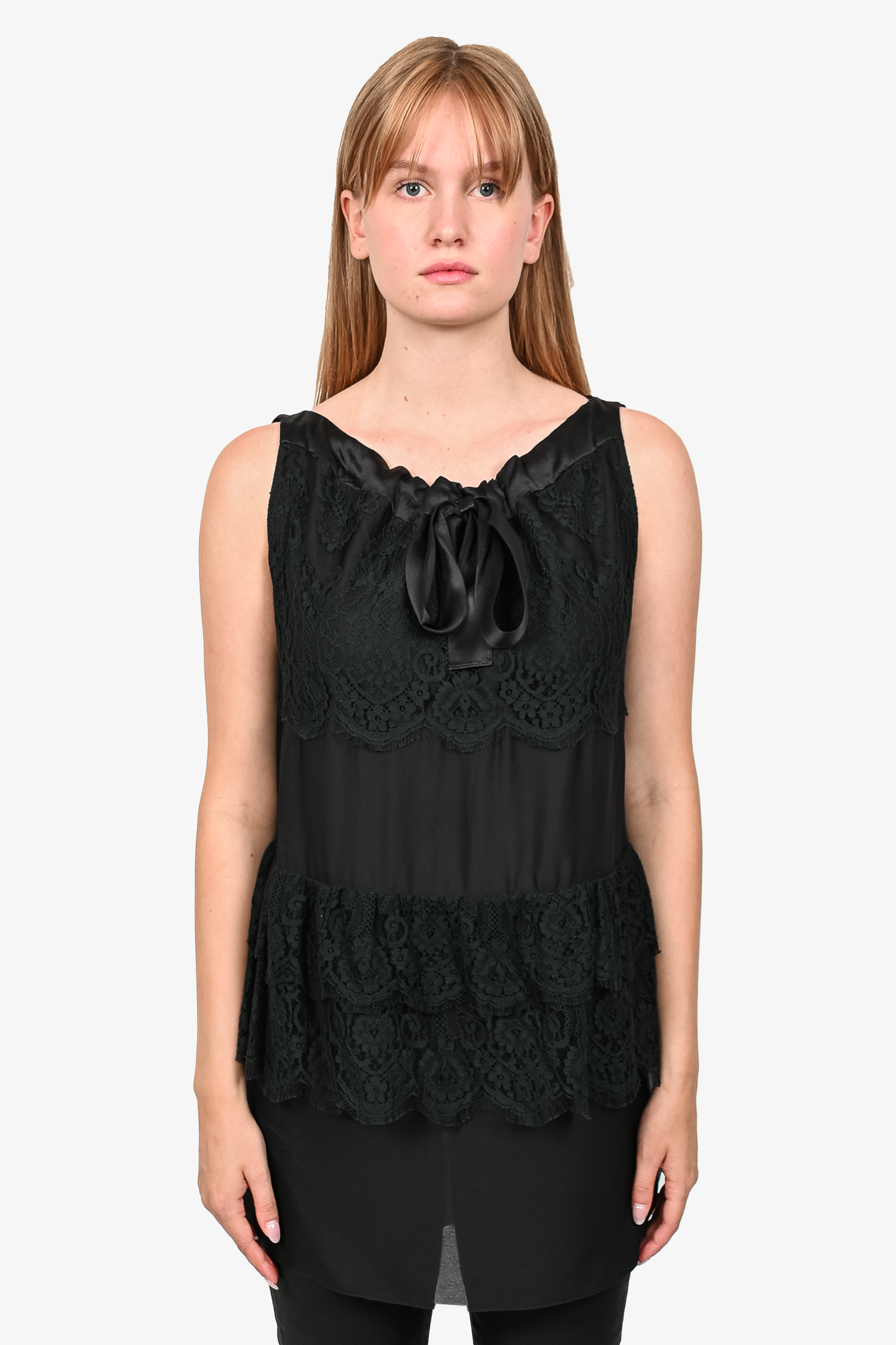 Prada Black Silk/Lace Sleeveless Ribbon Detail Top Size 40 