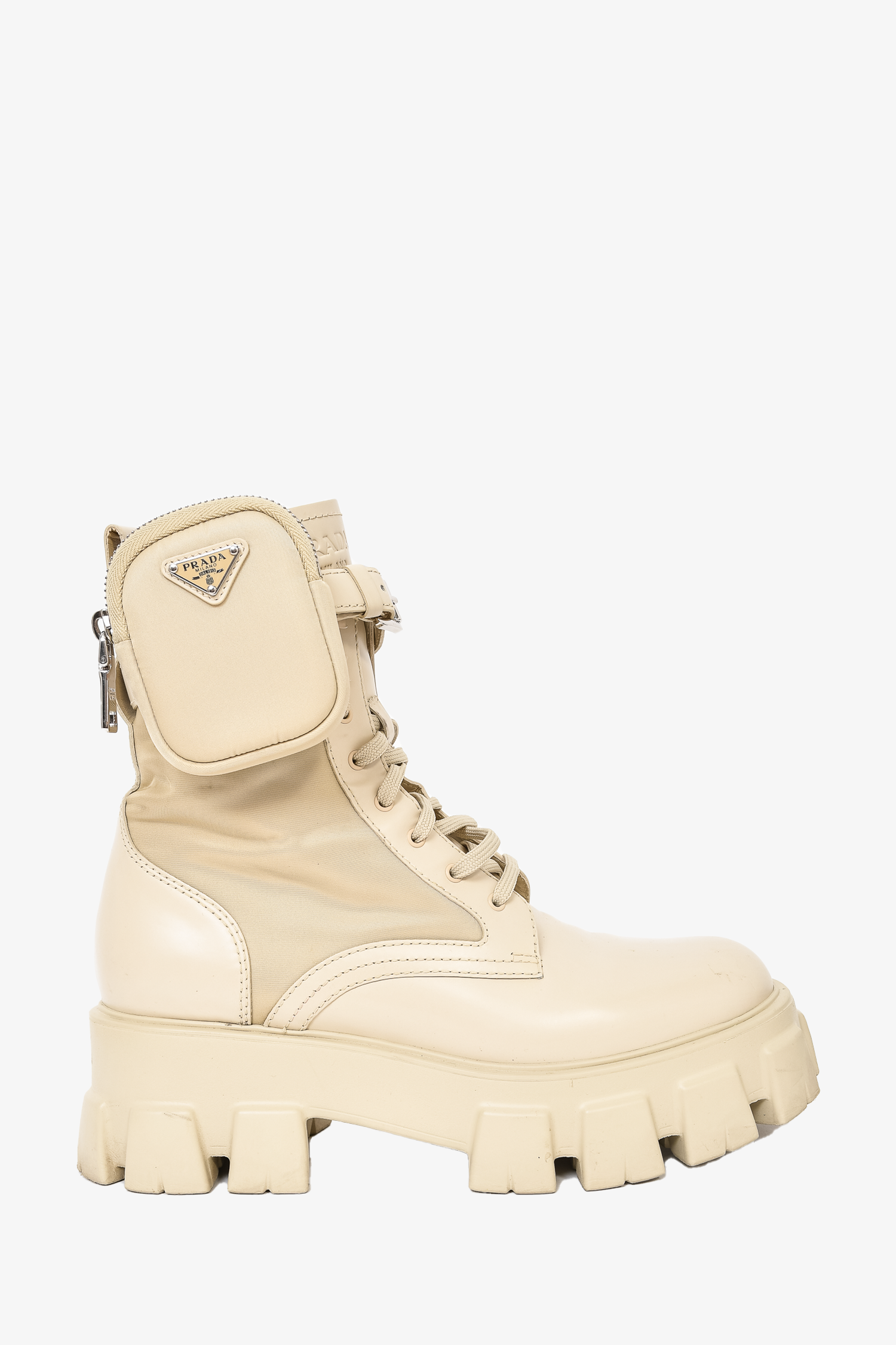 Prada Cream Leather Combat Boot with Zip Pouch Size 41 – Mine Yours