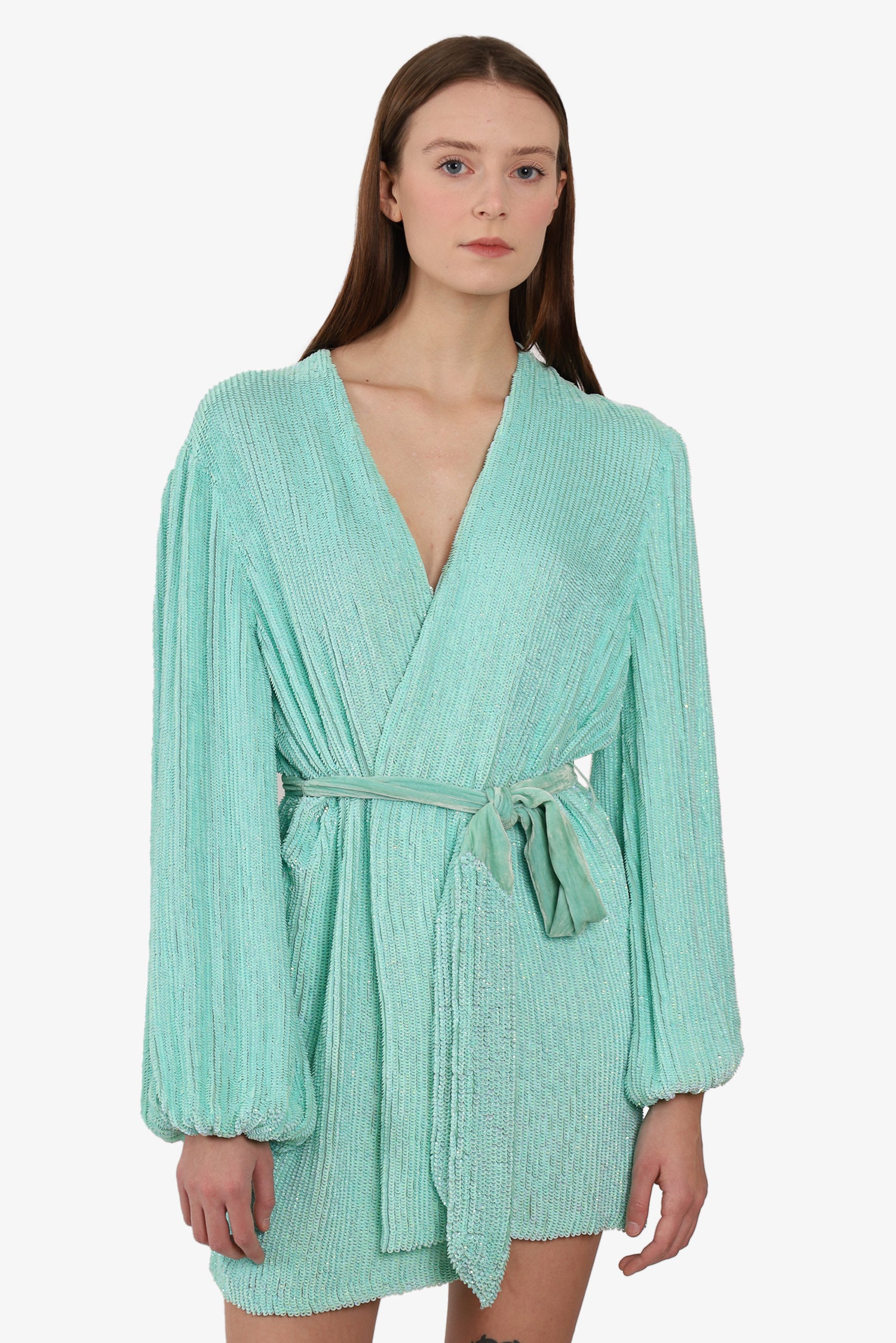 Retrofete Turquoise Sequin Embellishment Mini Dress Velvet Belt Size S –  Mine & Yours