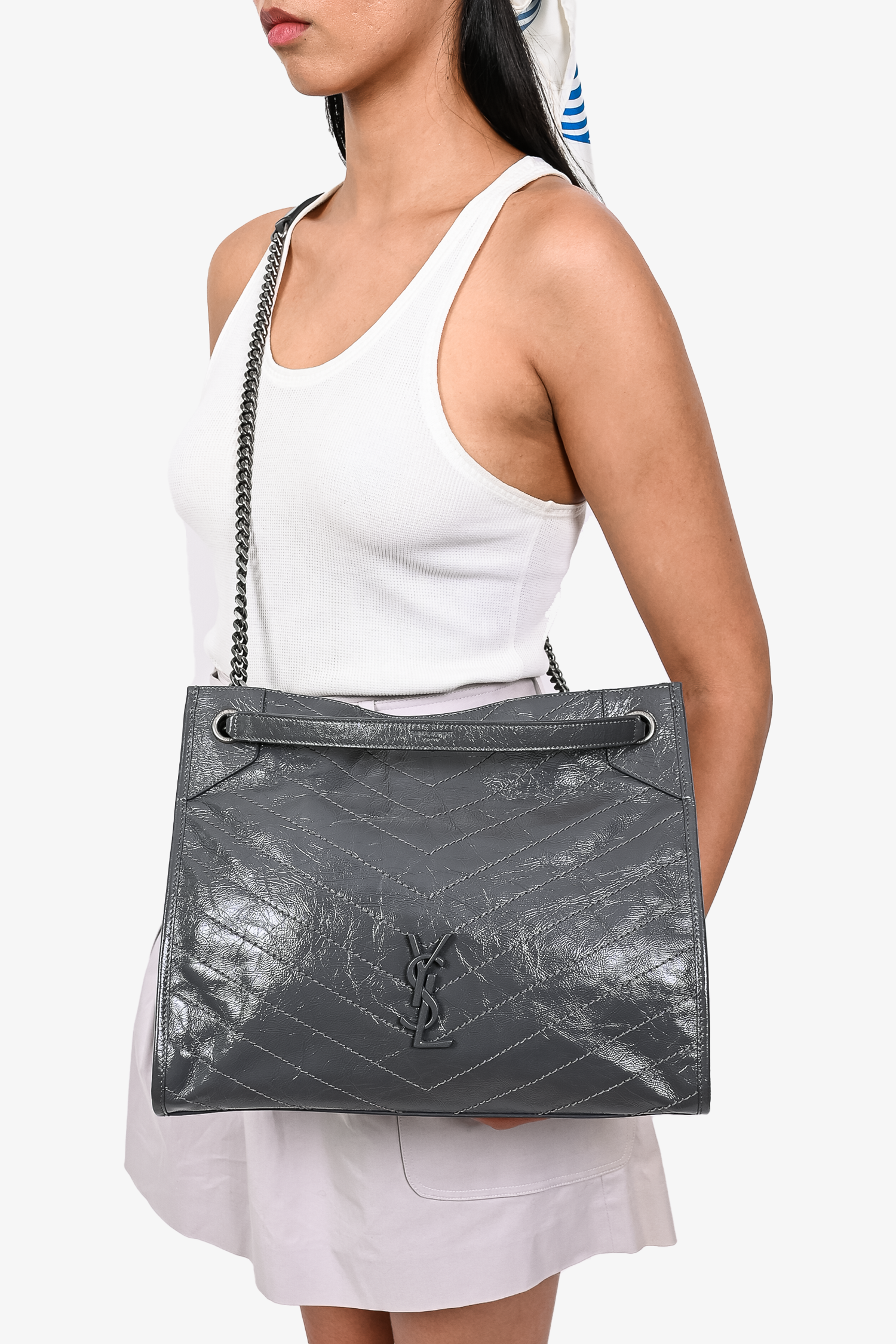 Saint Laurent Grey Crinkled Leather Large Niki Shopping Tote Bag