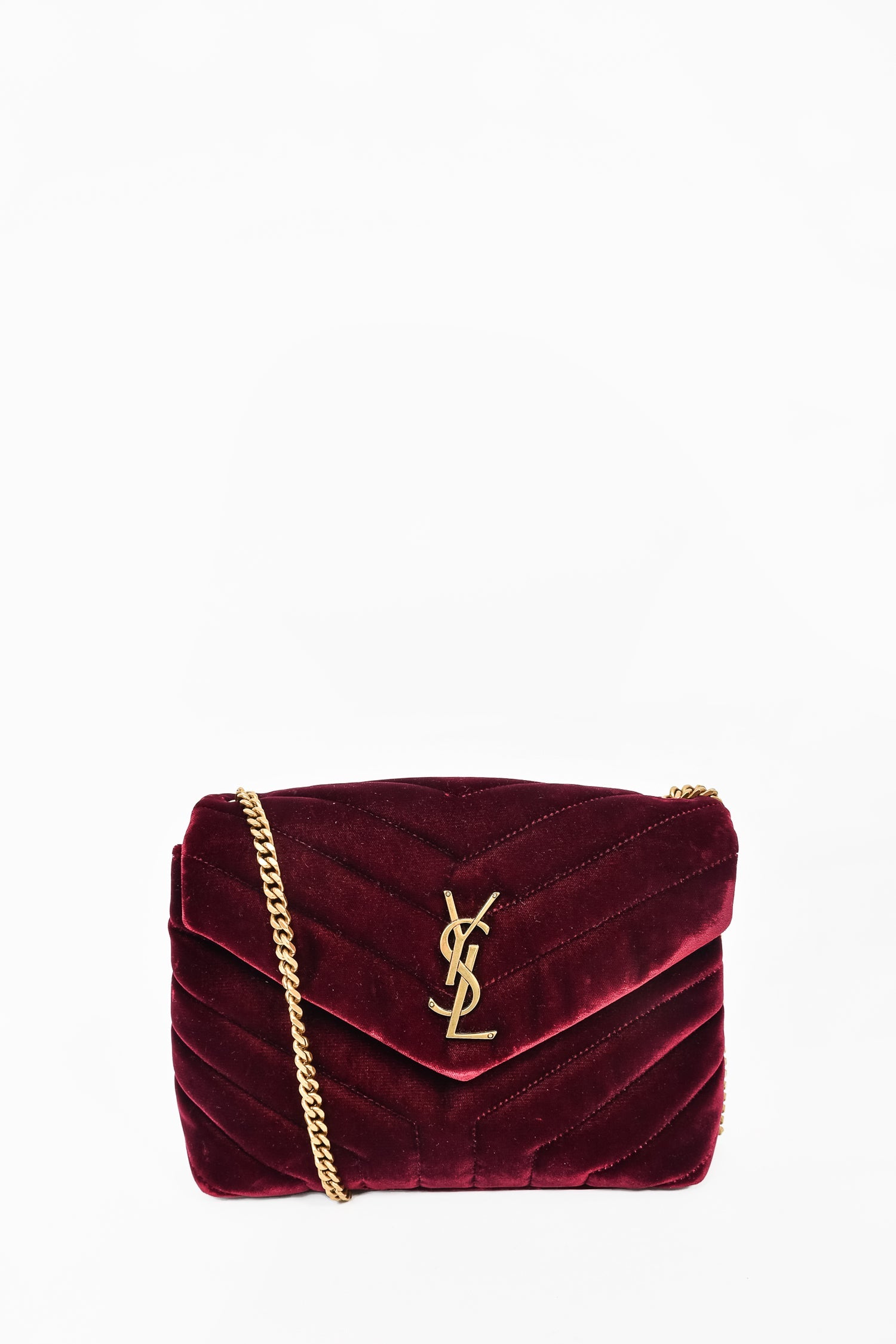 Saint Laurent Maroon Velvet Small LouLou Shoulder Bag On Chain