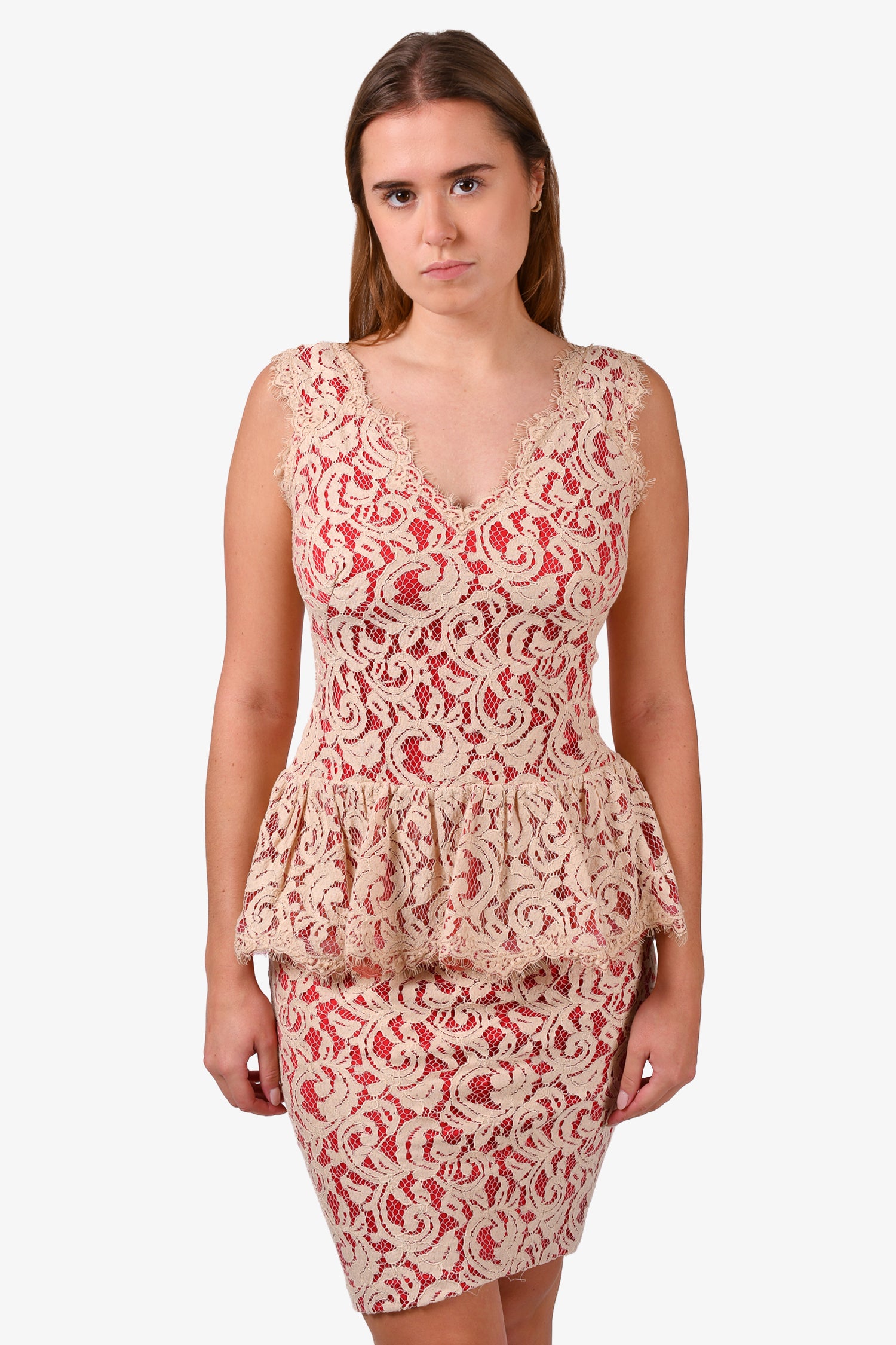 Tadashi Shoji Beige/Red Lace Over Sleeveless Peplum Dress Size 4 – Mine &  Yours