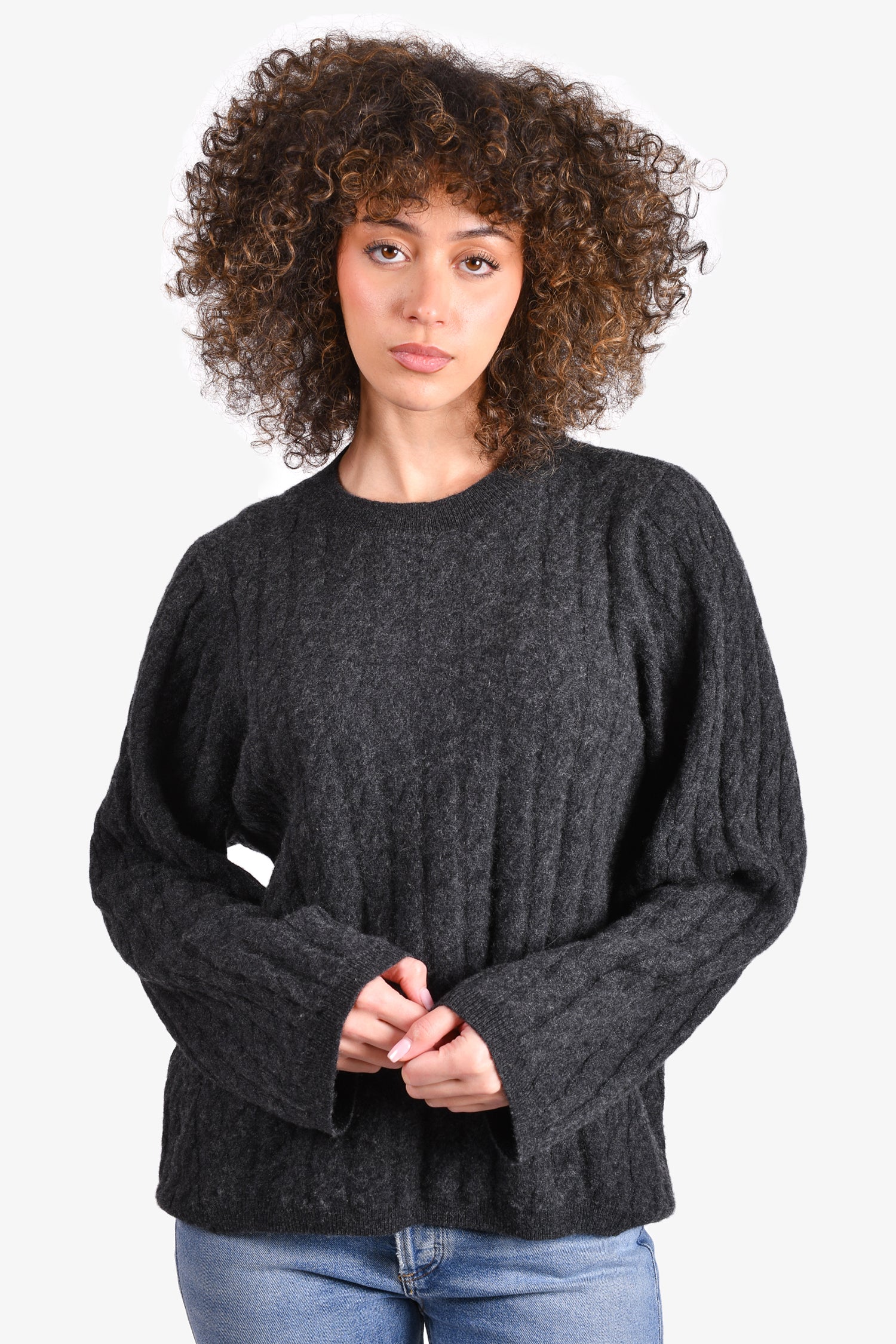 Toteme Dark Grey Cashmere Cable Knit Crewneck Sweater Size XXS