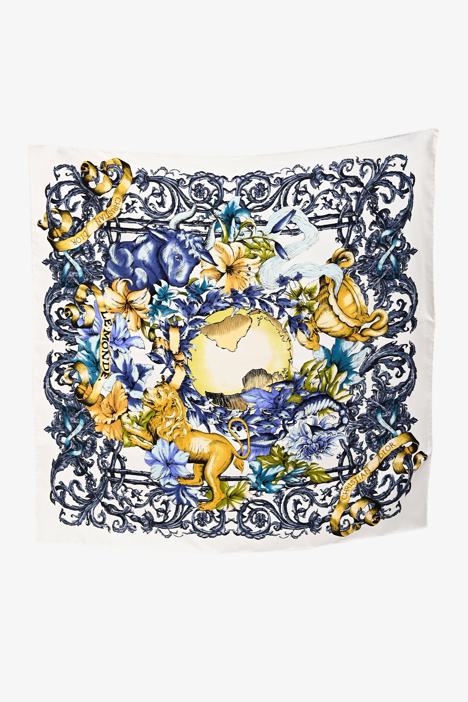 Christian Dior グラフィックプリントスカーフ Christian Dior White/Blue Silk Lion Graphic Logo Scarf – Mine & Yours