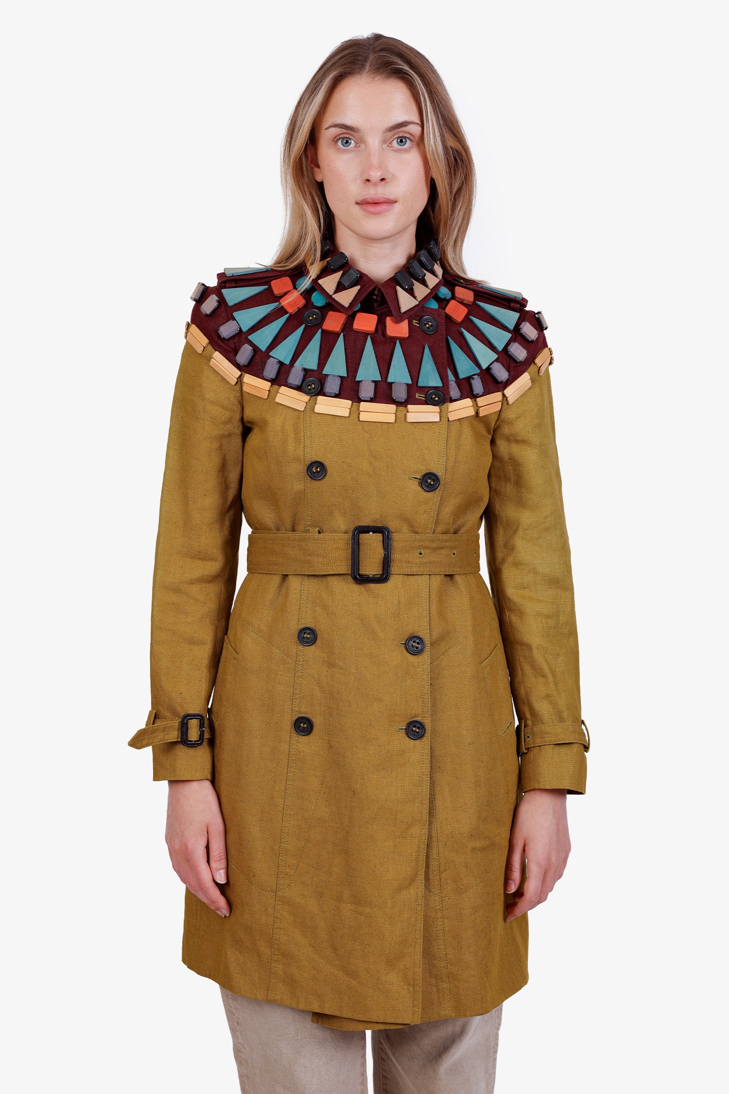 Burberry Prorsum 2012 Olive Green Linen Wood Beaded Trench Coat