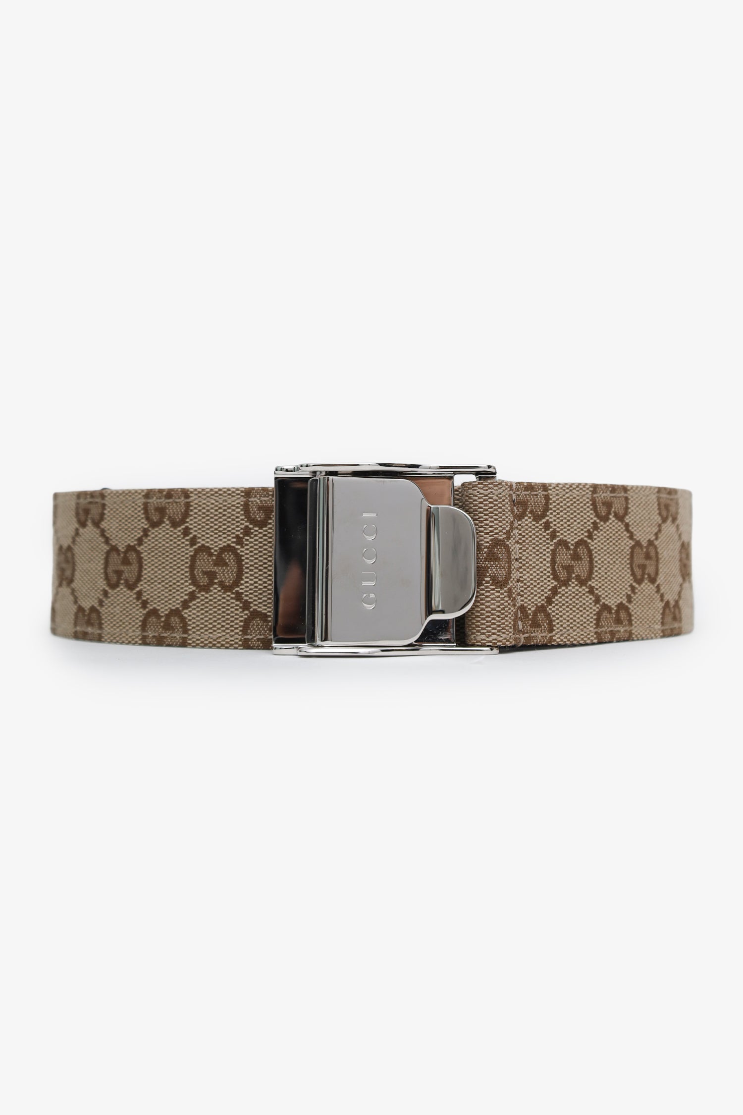 Gucci Beige Canvas Monogram Silver Buckle Belt Size 90 – Mine & Yours
