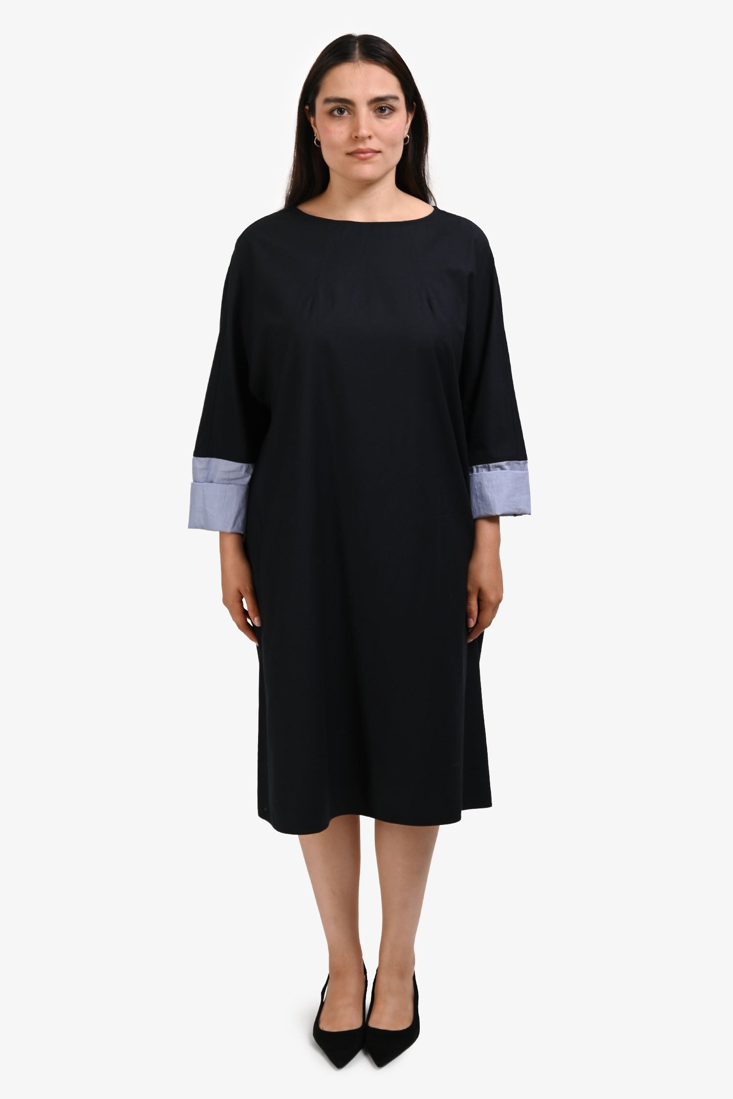 Sofie D'Hoore Black Cotton Long Sleeve Striped Cuff Sleeve Dress