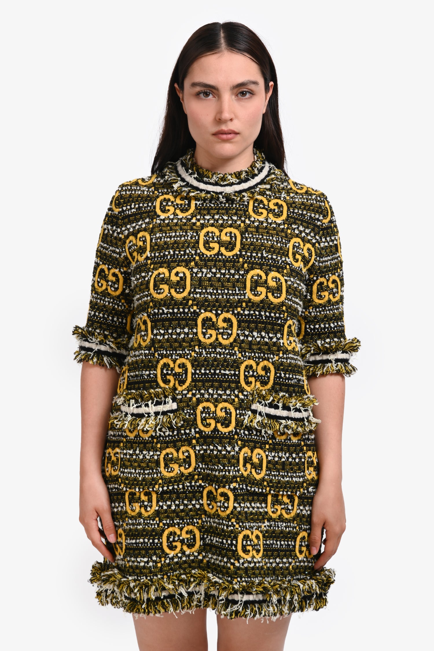 Gucci Black/Yellow Fringe Tweed Short Sleeve Dress Size L – Mine