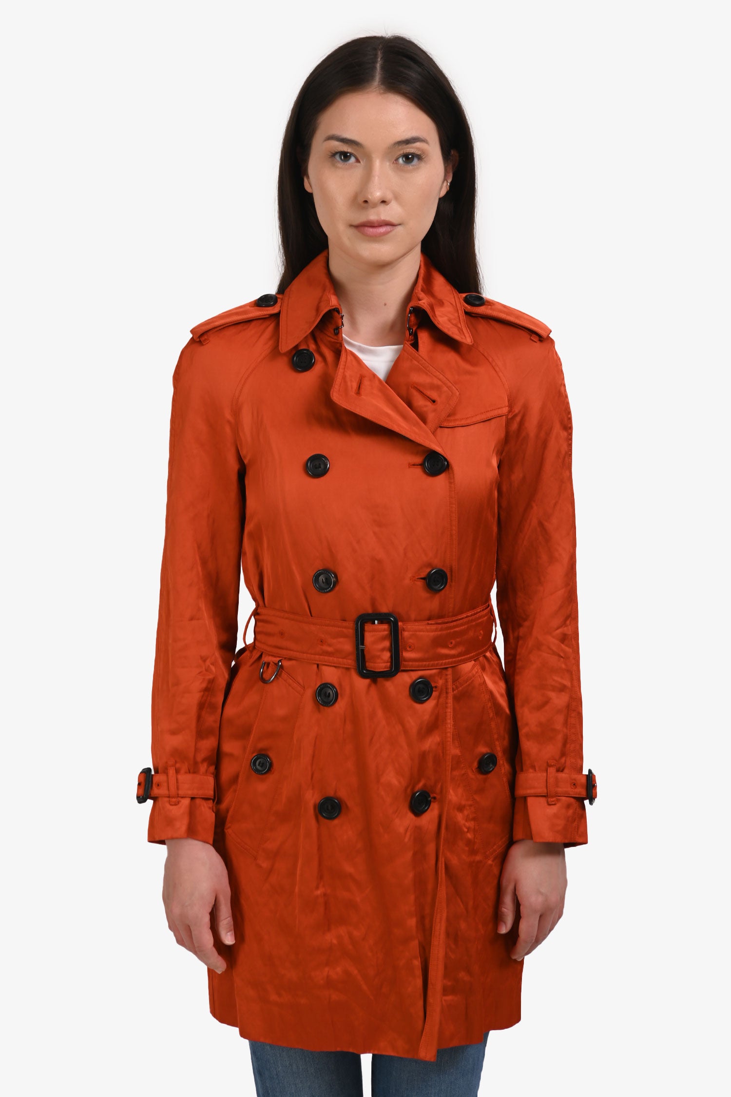 Burberry Orange Belted Midi Trench Coat Size 2 – Mine & Yours