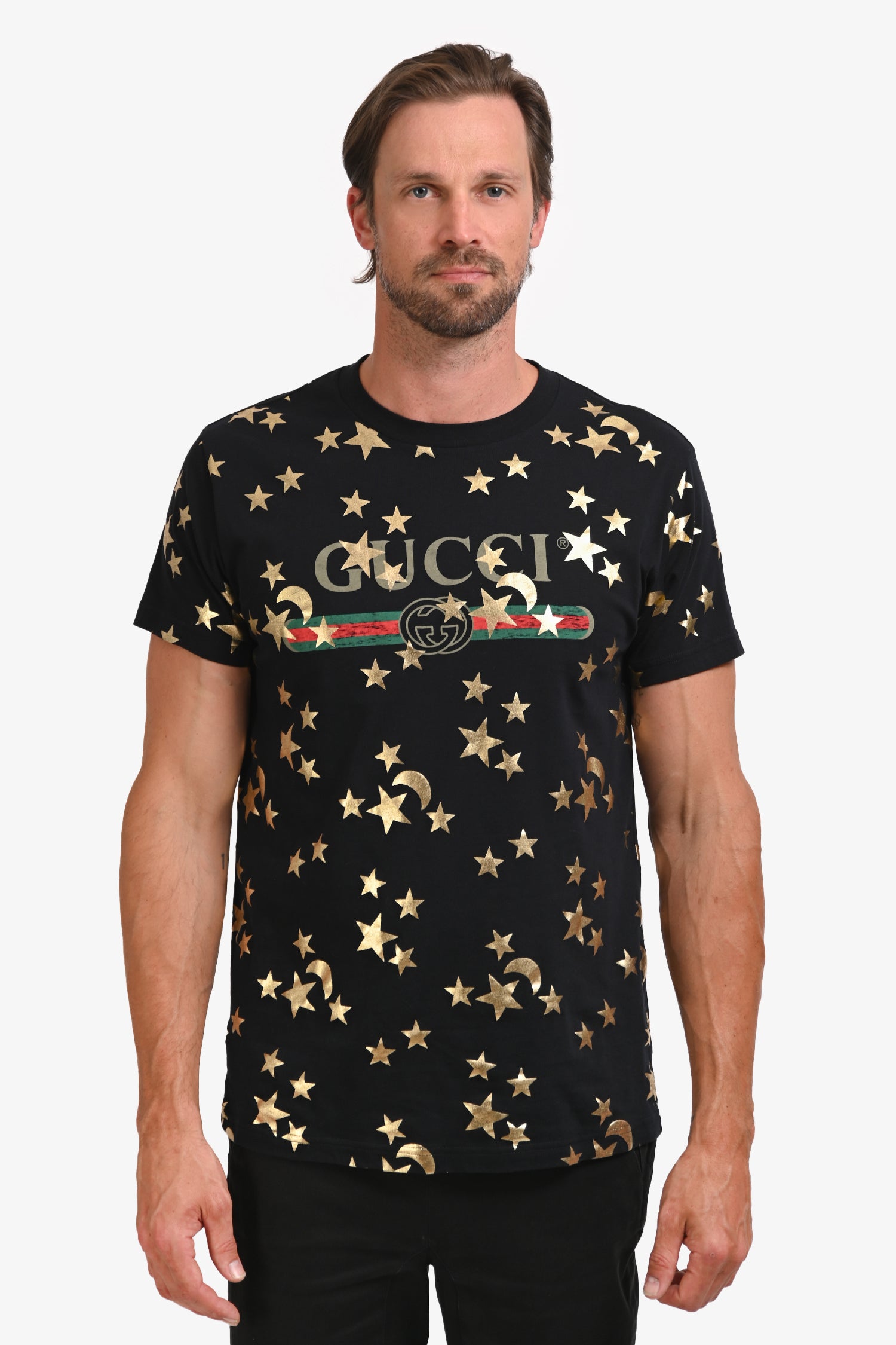 GUCCI Tシャツ　星総柄　黒　金 Gucci Black/Gold Logo Star Graphic Crew Neck T-Shirt Size M Mens