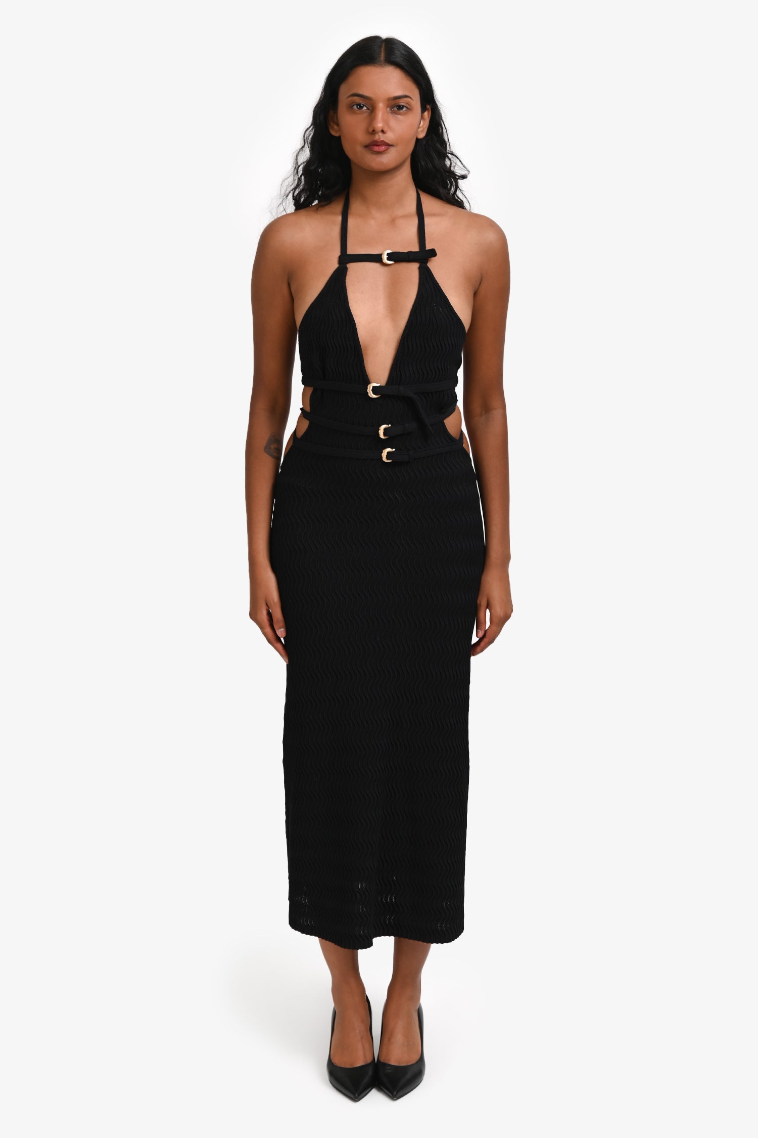 の*ぞ様 最終値下げ　cult gaia ブラック ミュール　36.5 Cult Gaia Black Knit Wave Strappy Midi Dress Size S – Mine & Yours