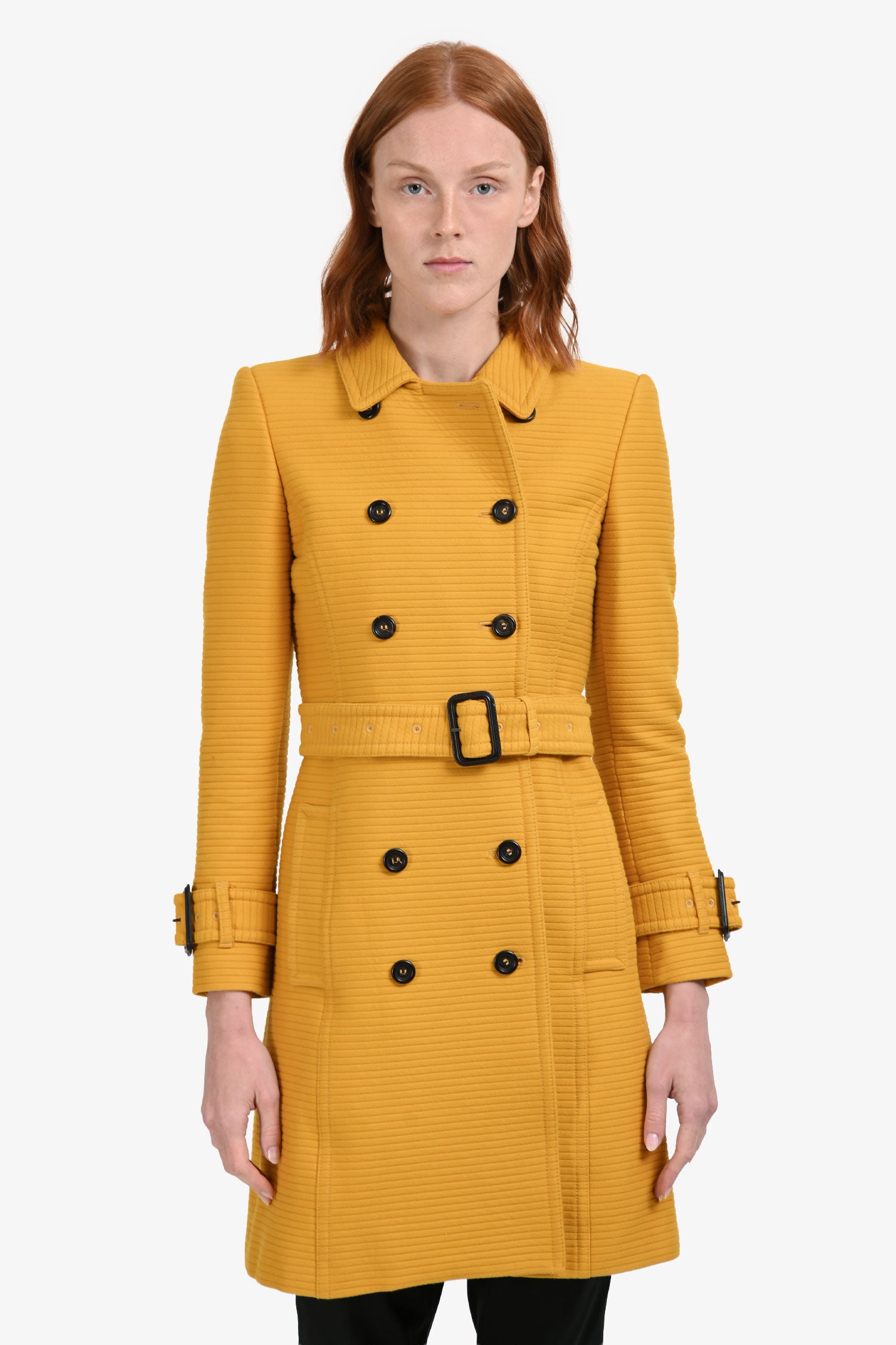 Burberry Yellow Wool Cotton Blend Ribbed Trench Coat Size 2 – Mine