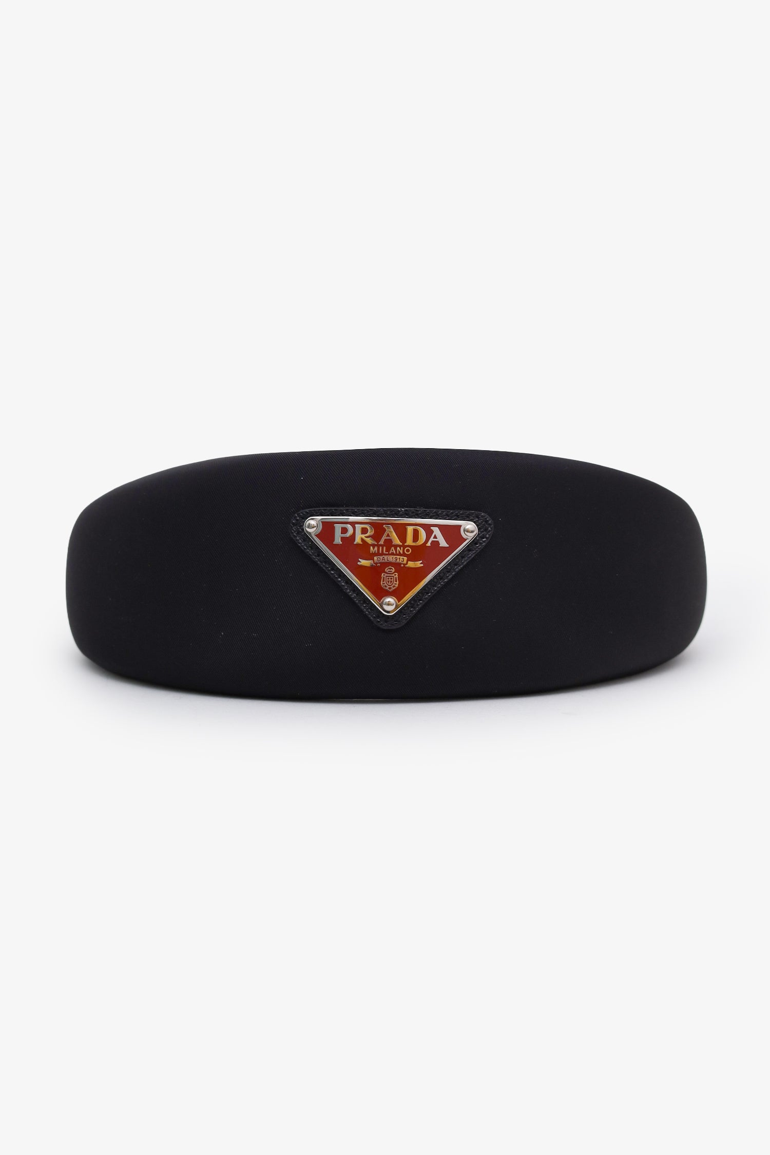 Prada Black Padded Headband with Silver Logo Plaque Prada Headband With Triangle Logo | Neiman Marcus main image 4