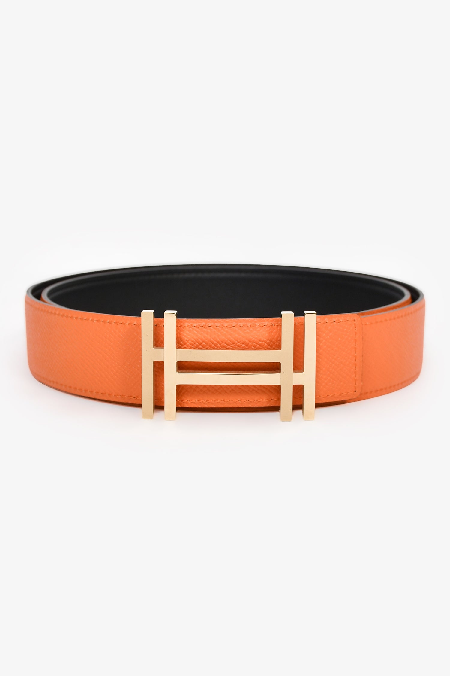 Hermès 2015 Black/Orange Leather Reversible H Buckle Belt Size 90