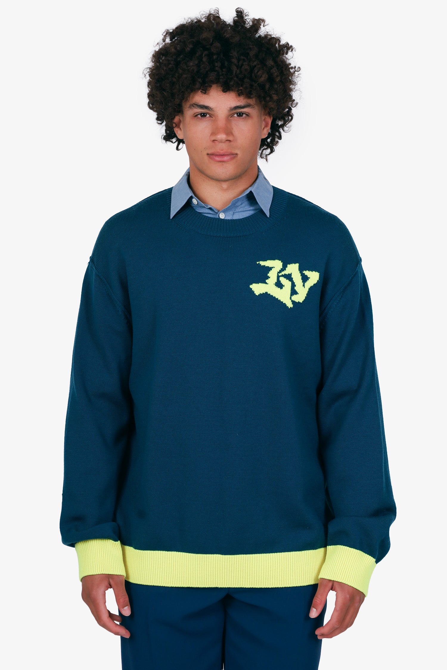 LOUIS VUITTON ロゴセーター Lサイズ Louis Vuitton Green/Yellow Wool LV Logo Signature Crewneck Sweater