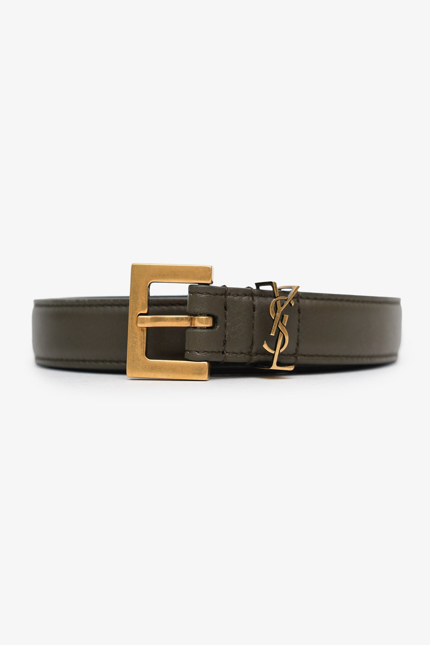 Saint Laurent Olive Green Leather Cassandre Thin Belt – Mine & Yours