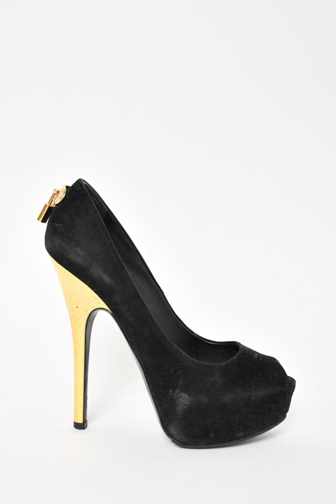 Louis Vuitton Black Suede/Gold Heel Peep Toe Lock Detail Pumps