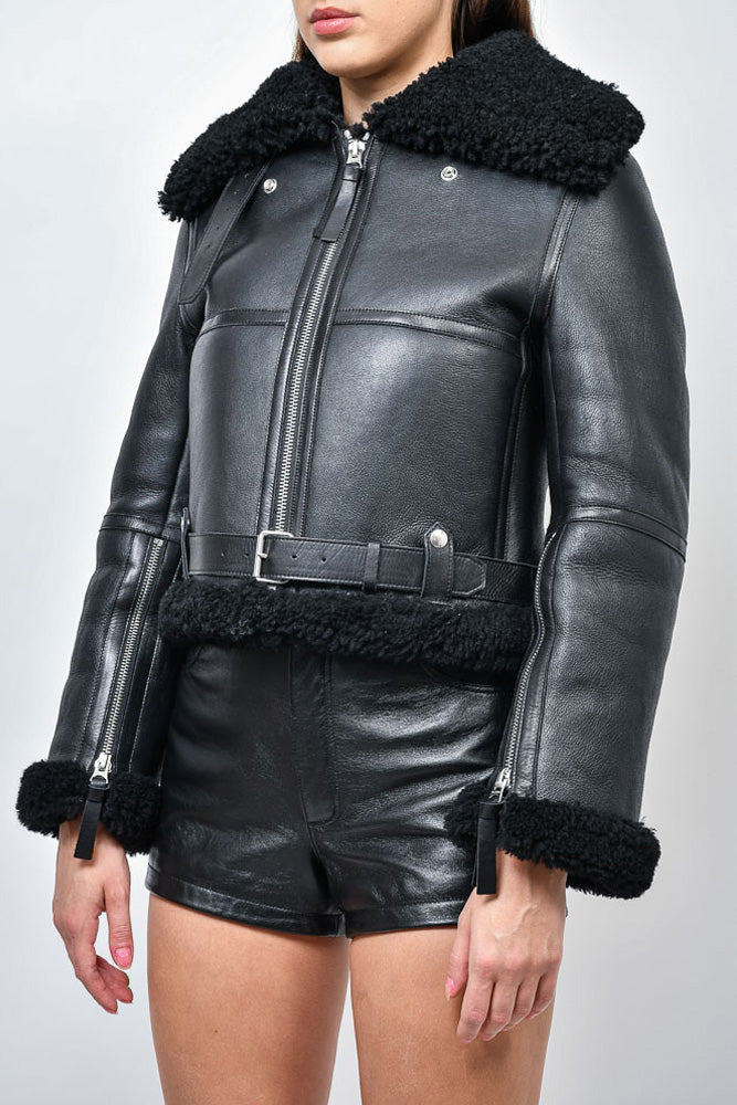 Acne Studios Black Leather Shearling Lined Aviator Jacket Size 36