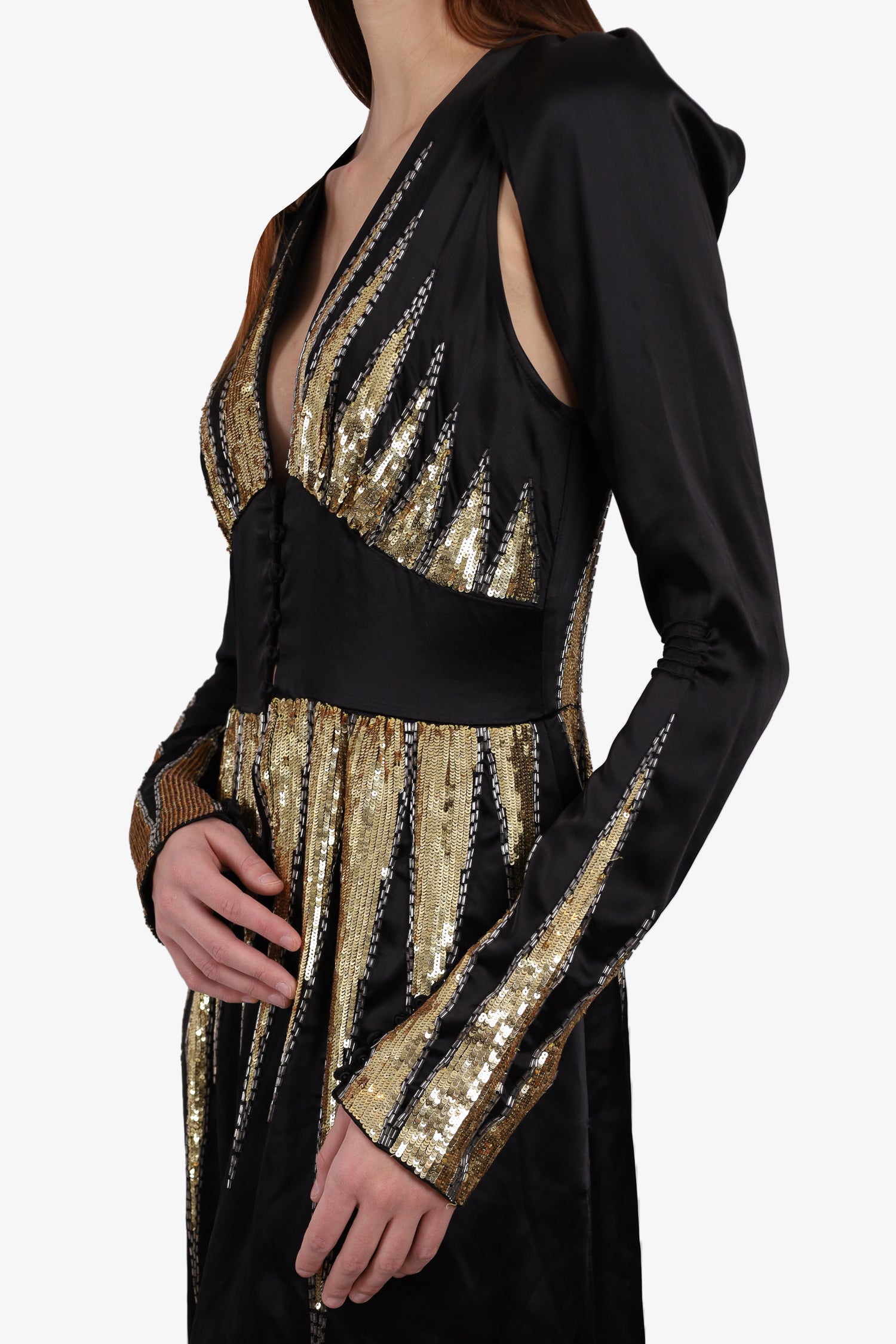 Attico Black Long-sleeve V-Neck Dress with Gold Sequins Size 2 Attico Black Long-sleeve V-Neck Dress with Gold Sequins Size 2
