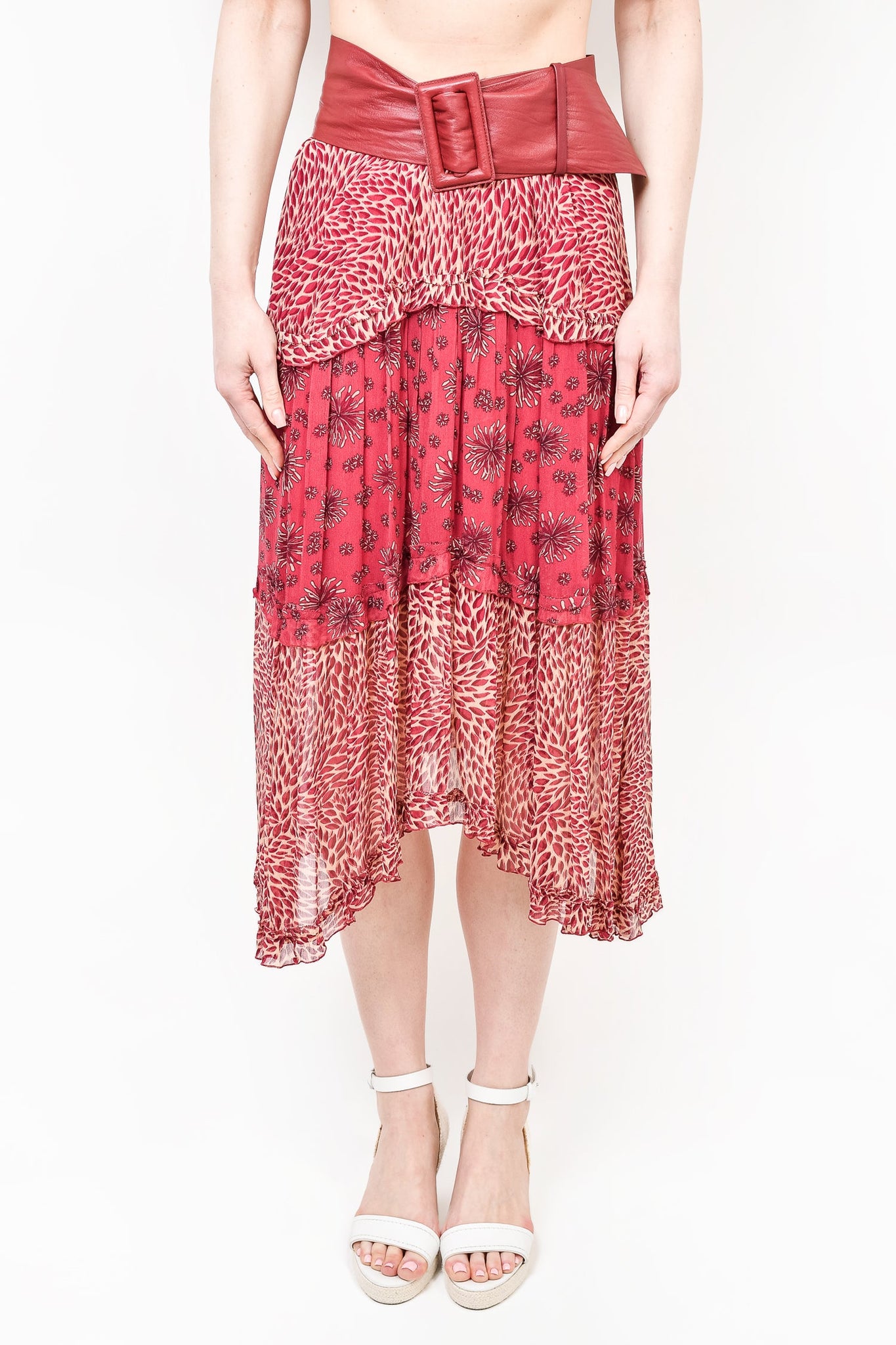Ba&sh Red Printed Midi Skirt with Burgundy Leather Belt Size S