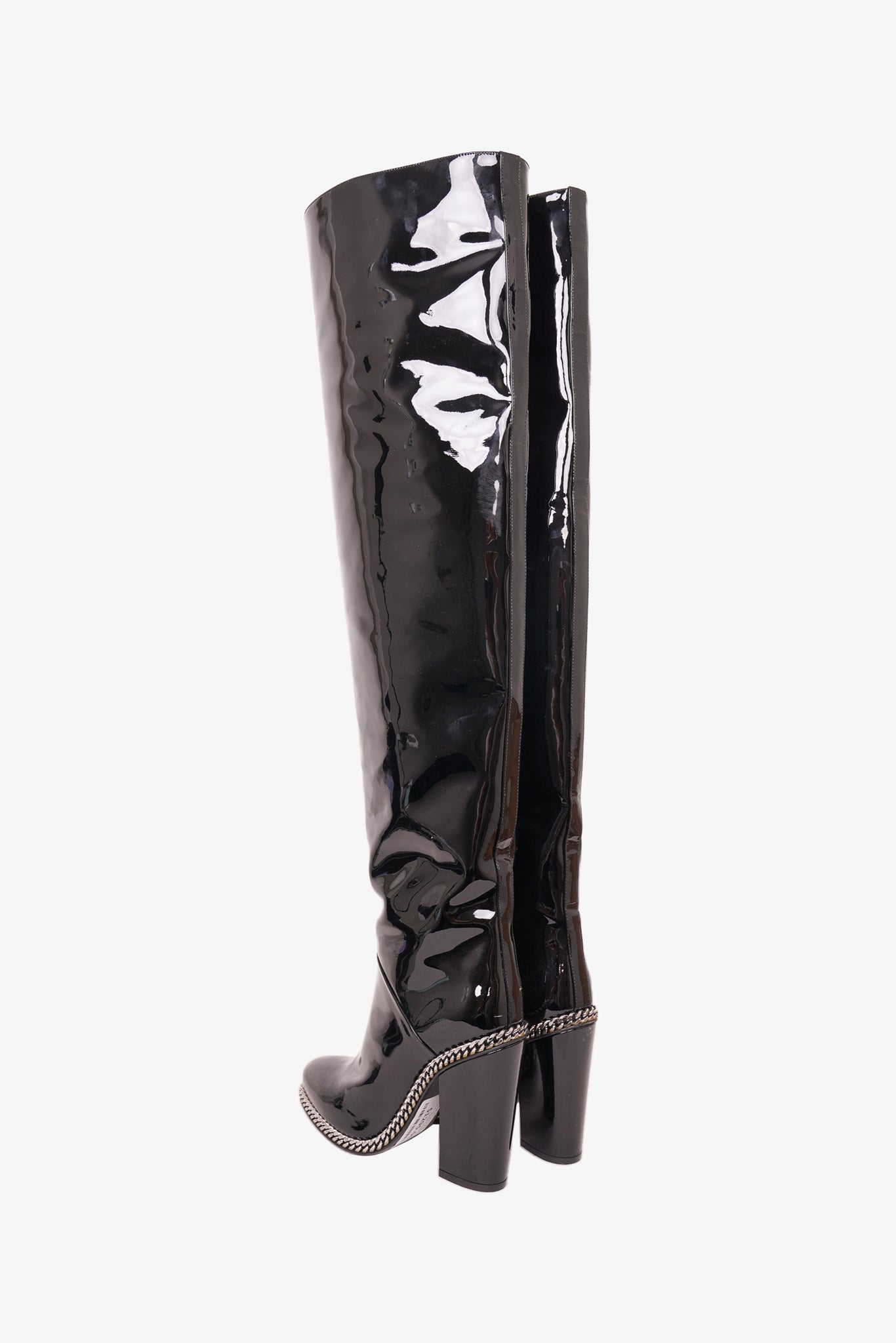 Balmain Black Patent Leather Chain Round Boots Size 37