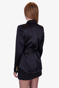 Balmain Black Satin Long Double Breasted Tuxedo Jacket Size Small