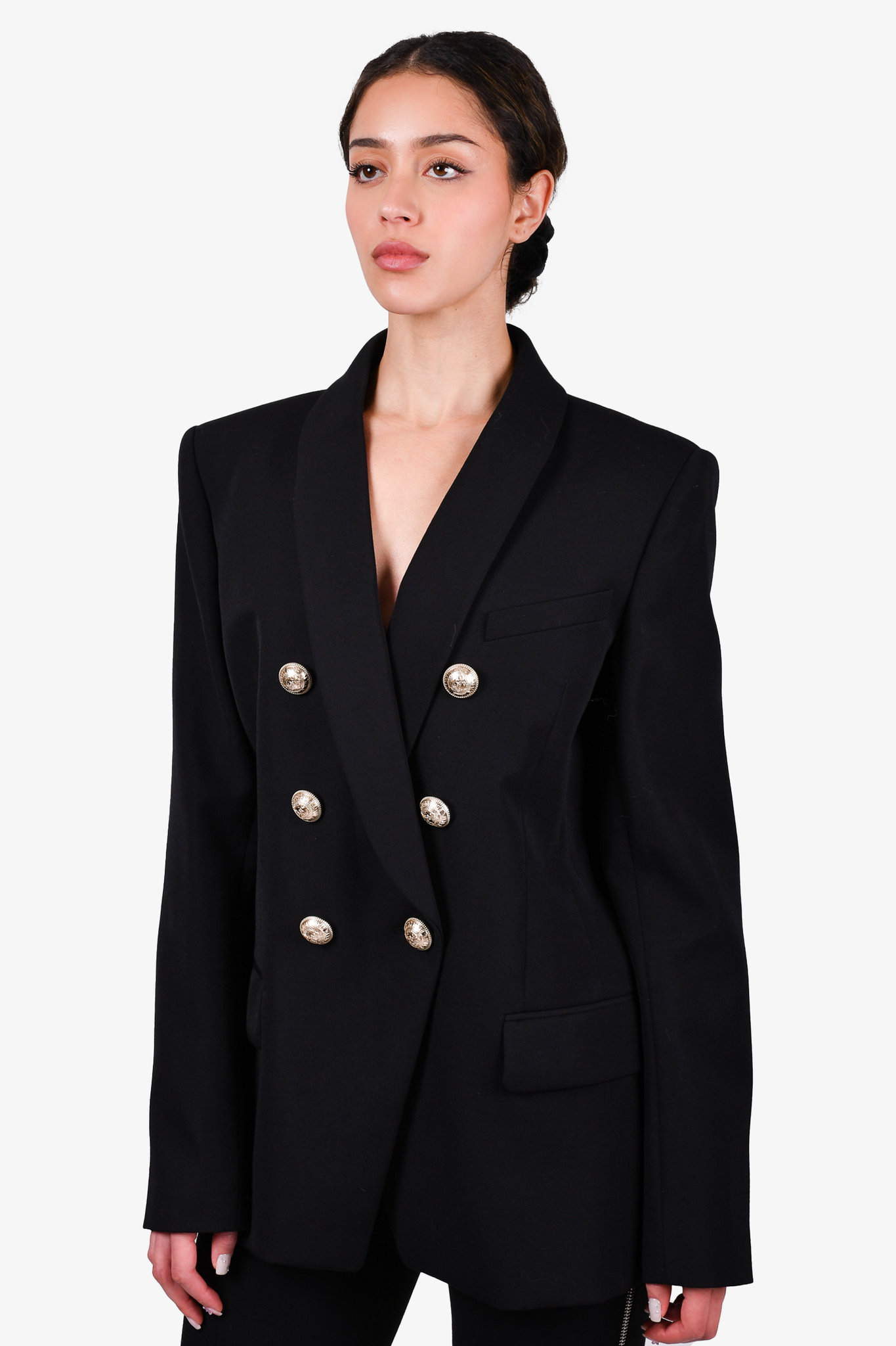 Balmain Black Wool Double Breasted Silver Button Blazer Size 46