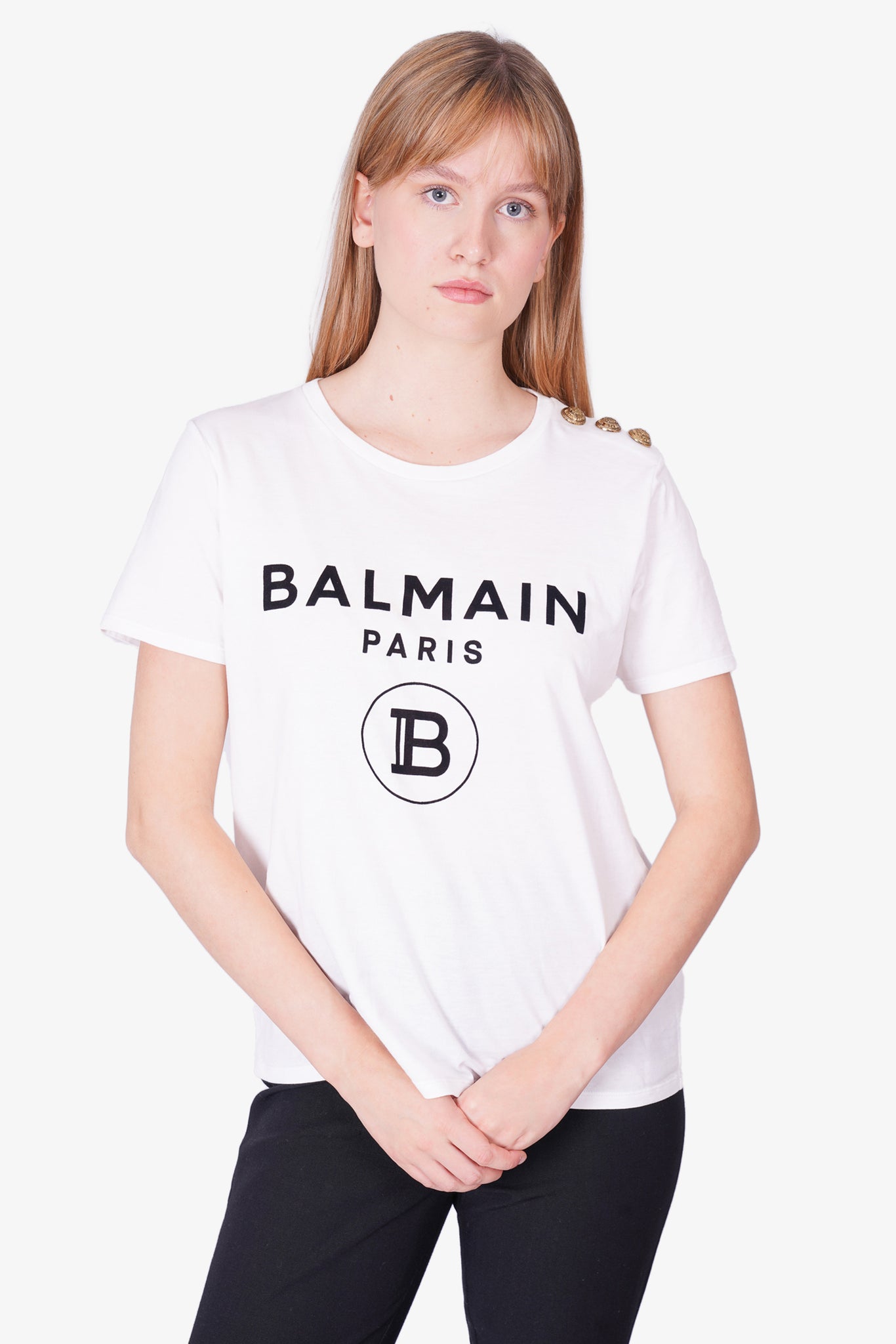 Balmain White Cotton T-Shirt With Logo and Gold Buttons Size M