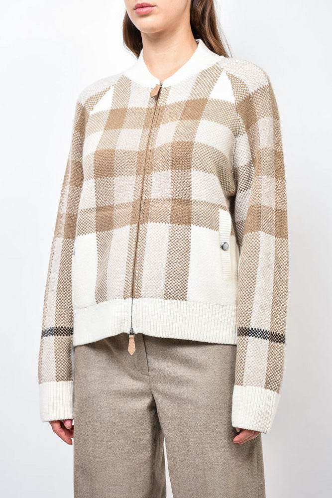 Burberry Cream/Beige Check Wool/Cashmere Knit 'Demmi' Zip-Up Sweater sz L w/ Tags